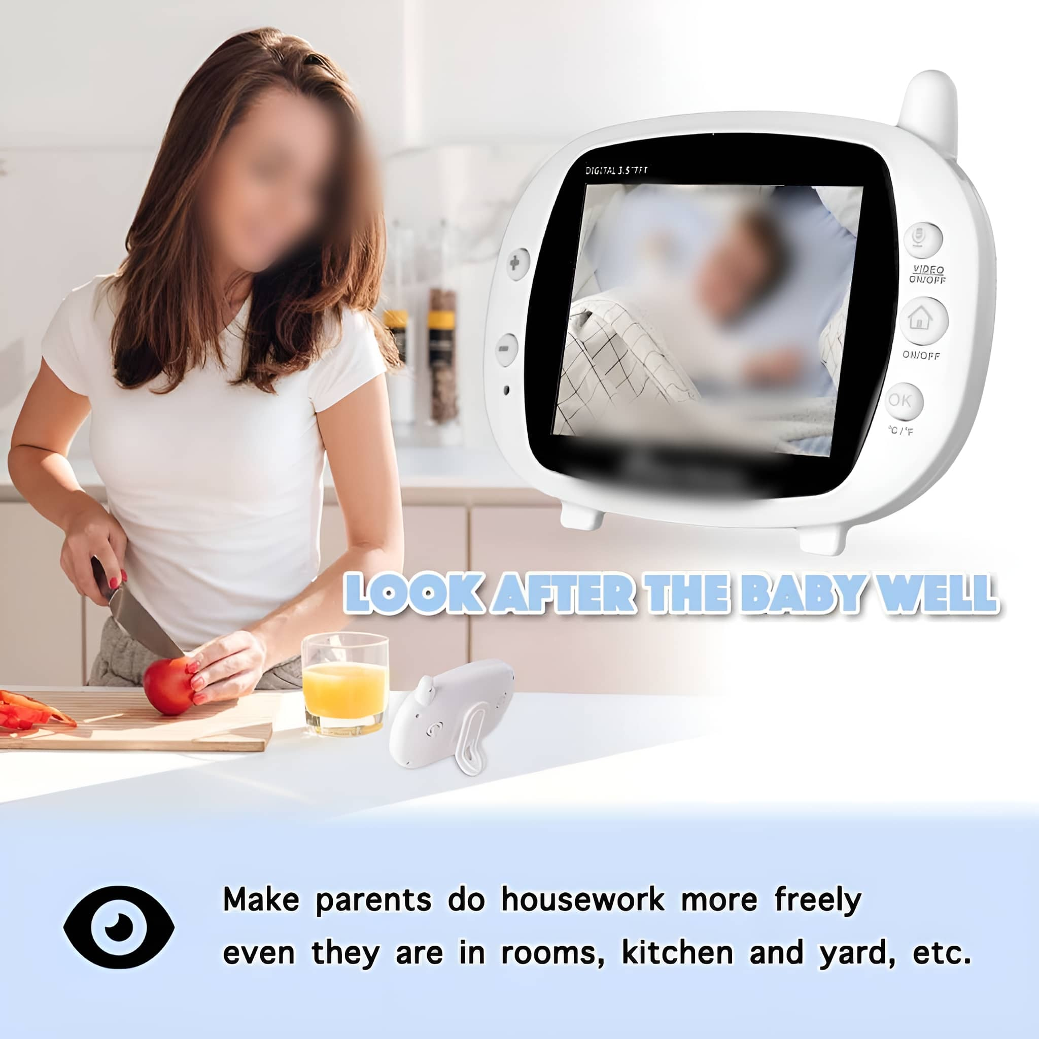 Eine Frau schaut auf einen Baby-Monitor, der ein Baby zeigt. Der Text lautet: „Passen Sie gut auf das Baby auf“.