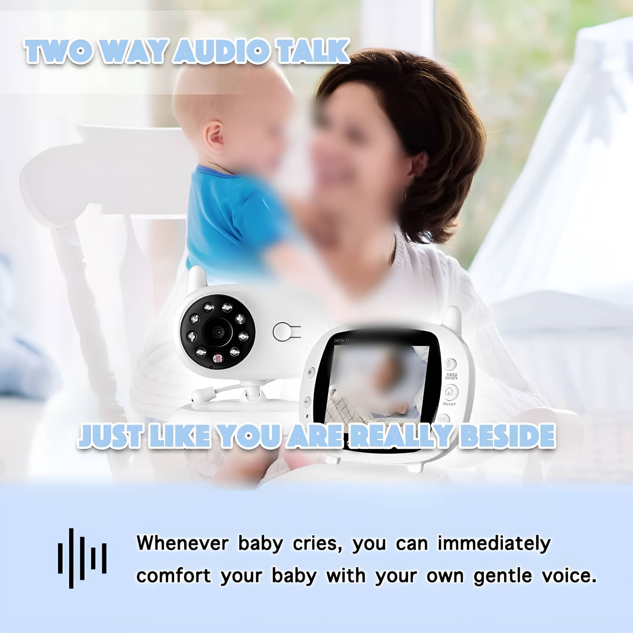 Babyphone zeigt Baby und Frau. Text: "Two way audio talk, just like you are beside."