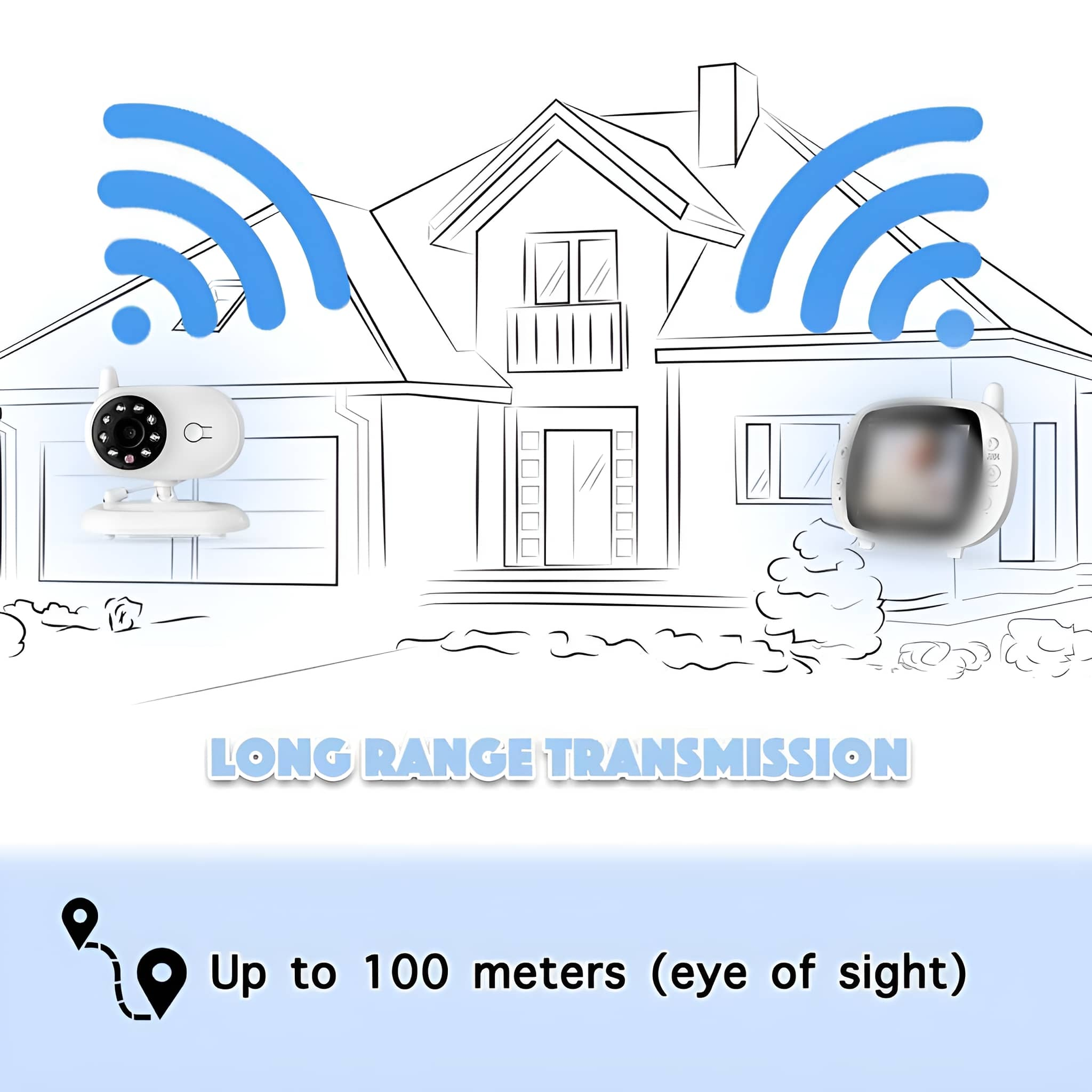 Illustration eines Babyphones mit Haus-Hintergrund und WLAN-Signal.