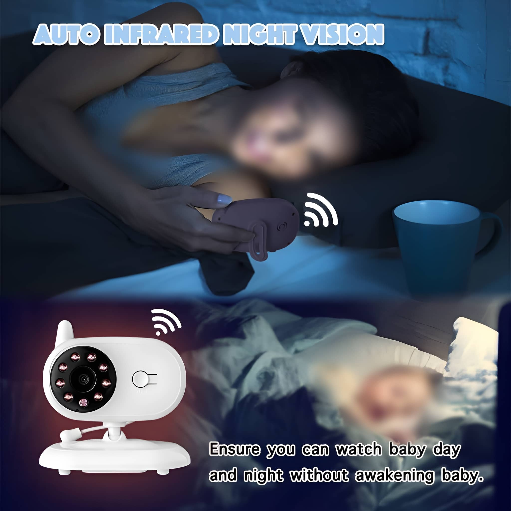 Babyphone-Setup, mit Kamera und Elternteil, mit verschwommenem Baby im Bett.