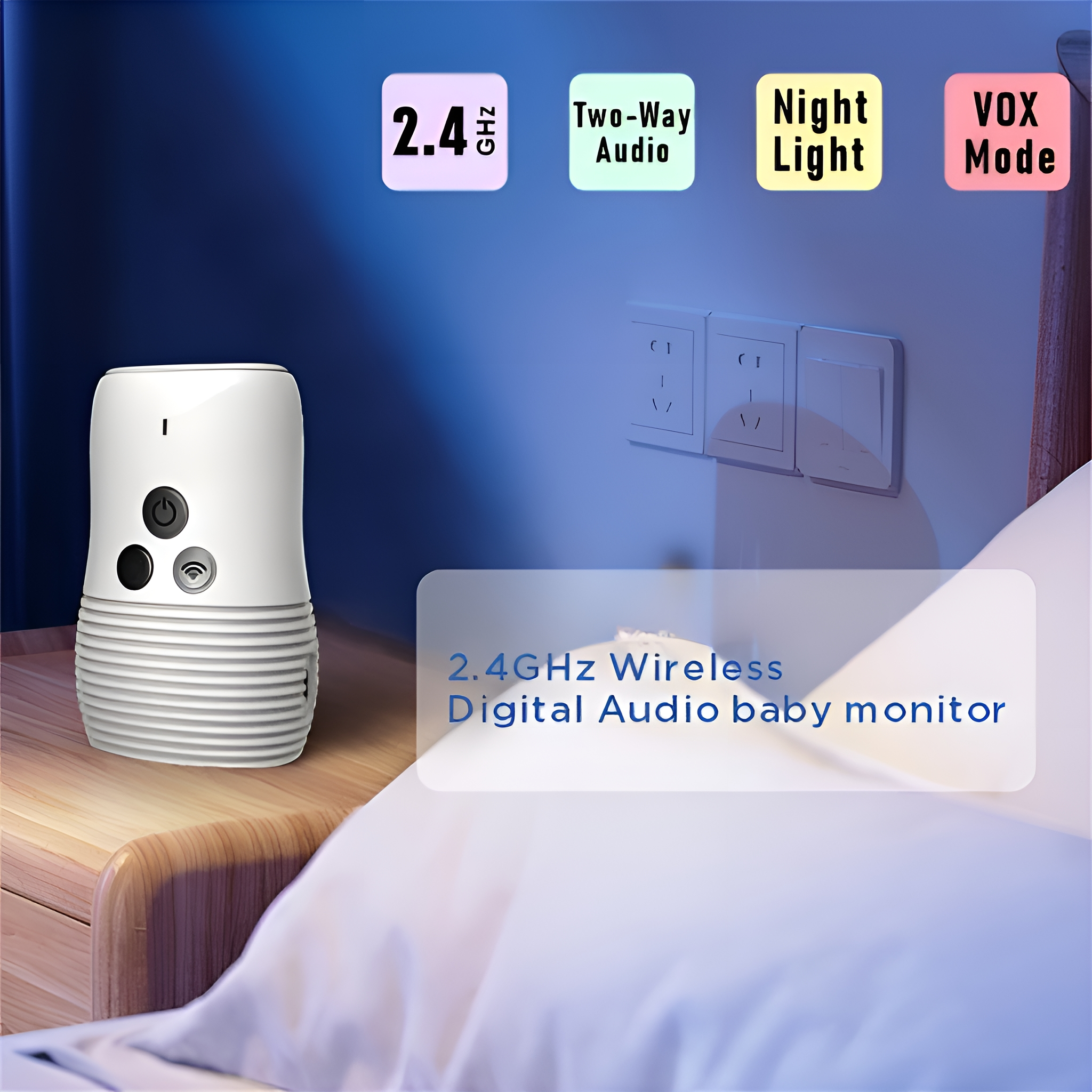 Ein Babyphone mit 2,4 GHz, Zwei-Wege-Audio, Nachtlicht und VOX-Modus-Funktionen auf einem Nachttisch.