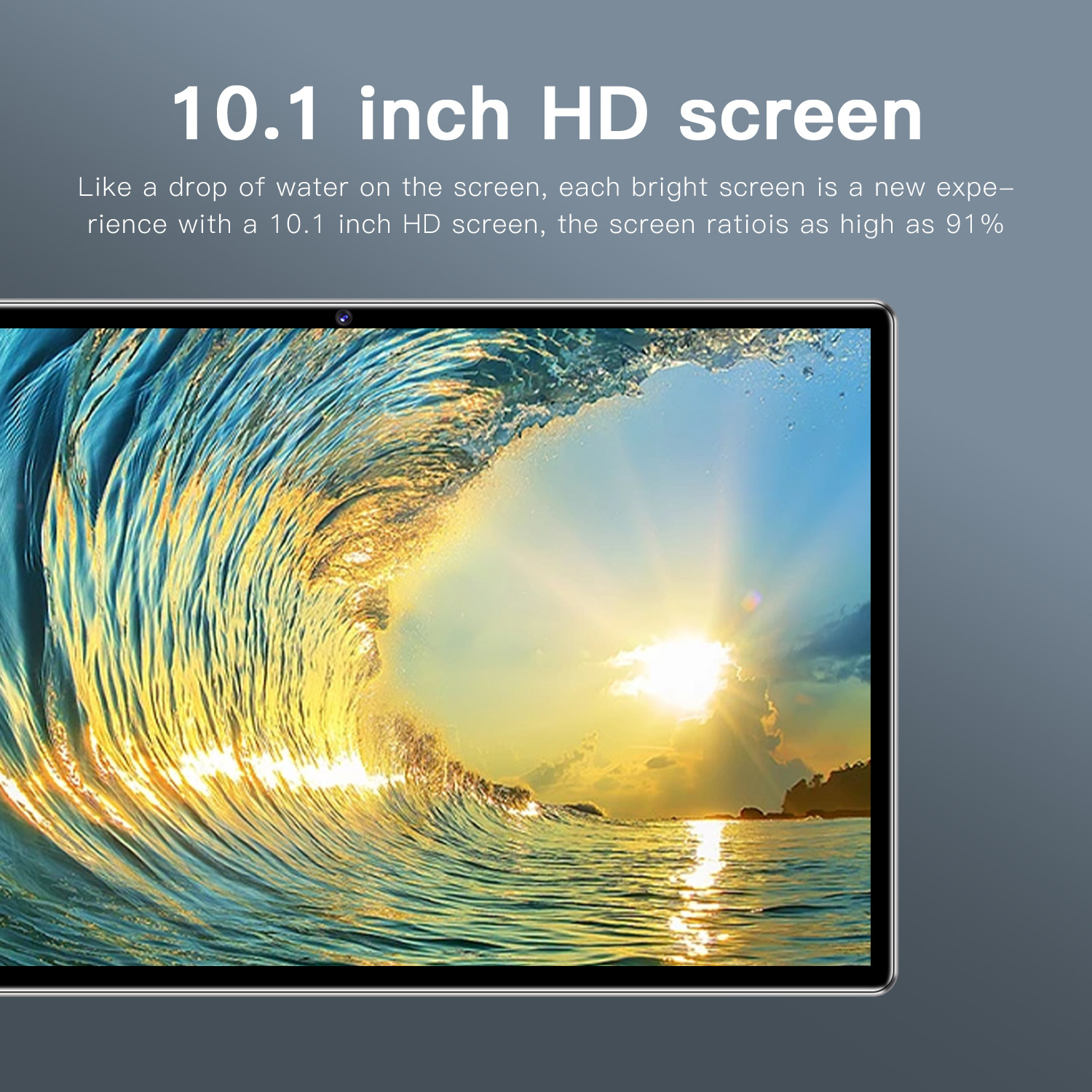 Tablet-Bildschirm mit Welle und Sonnenuntergang. Text: '10,1 Zoll HD-Bildschirm' und 'Bildschirmverhältnis von 91%.