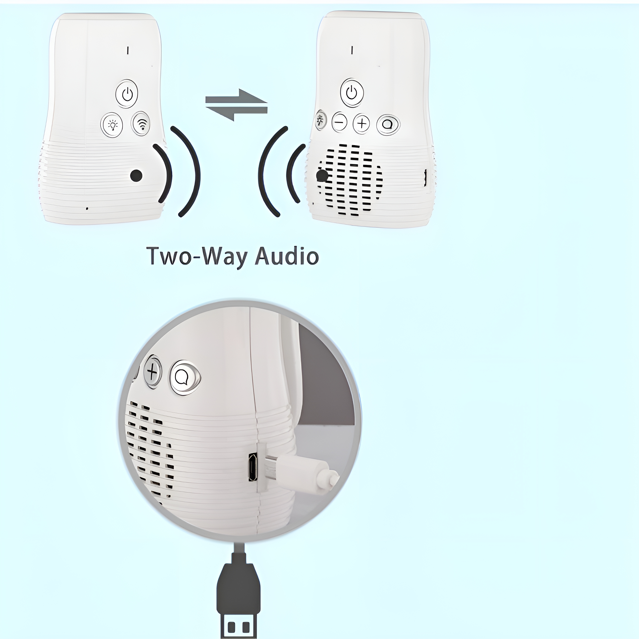 Babyphone mit Zwei-Wege-Audio. Nahaufnahme USB-Anschluss und USB-Kabel.