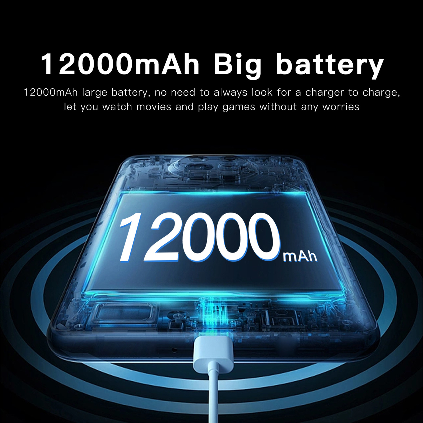 Telefon mit 12000mAh Akku, Aufladen per Kabel. Blauer Hintergrund mit kreisförmigem Welleneffekt.