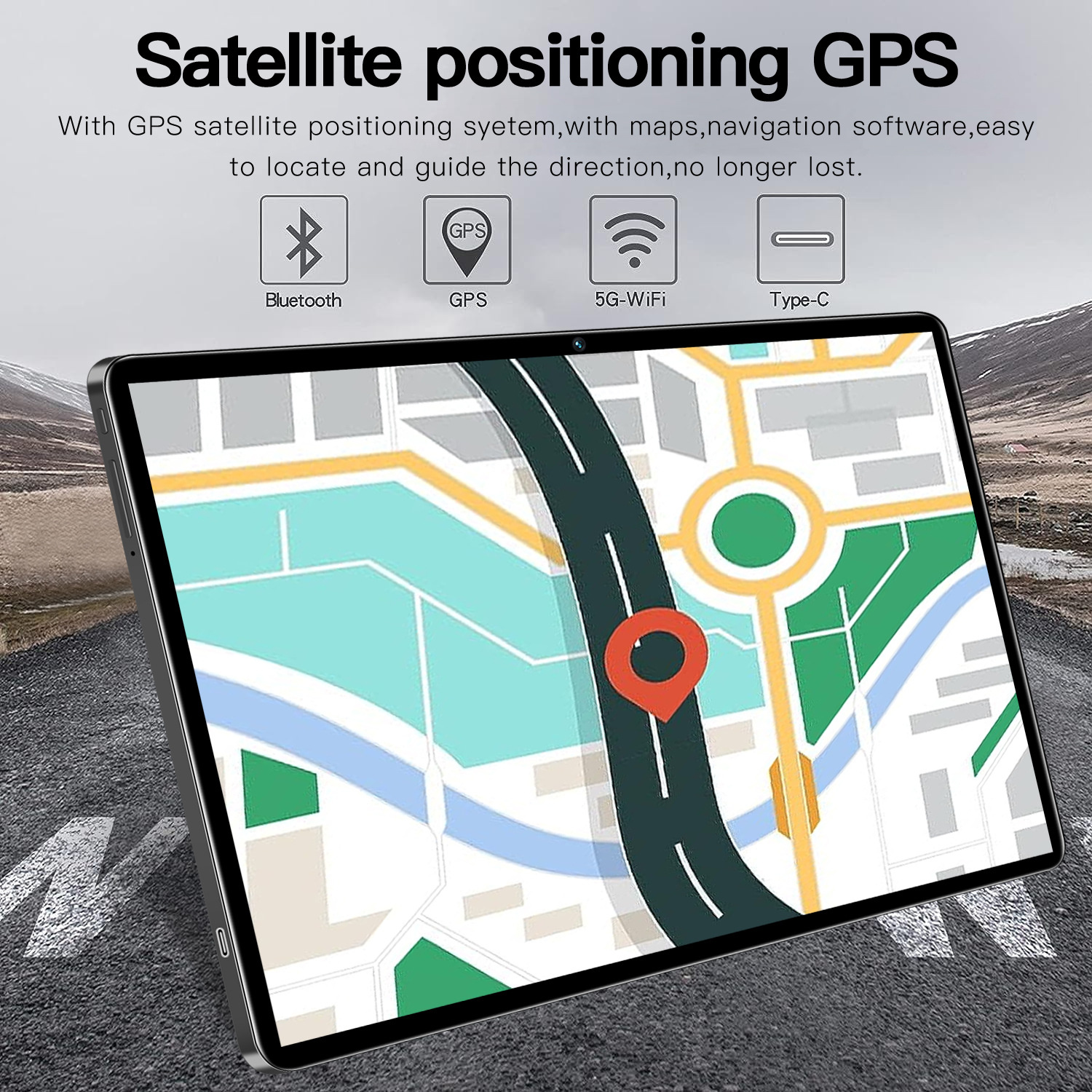 Ein Tablet-Bildschirm, der eine Karte mit GPS, Bluetooth- und WLAN-Symbolen mit einer Straße anzeigt.