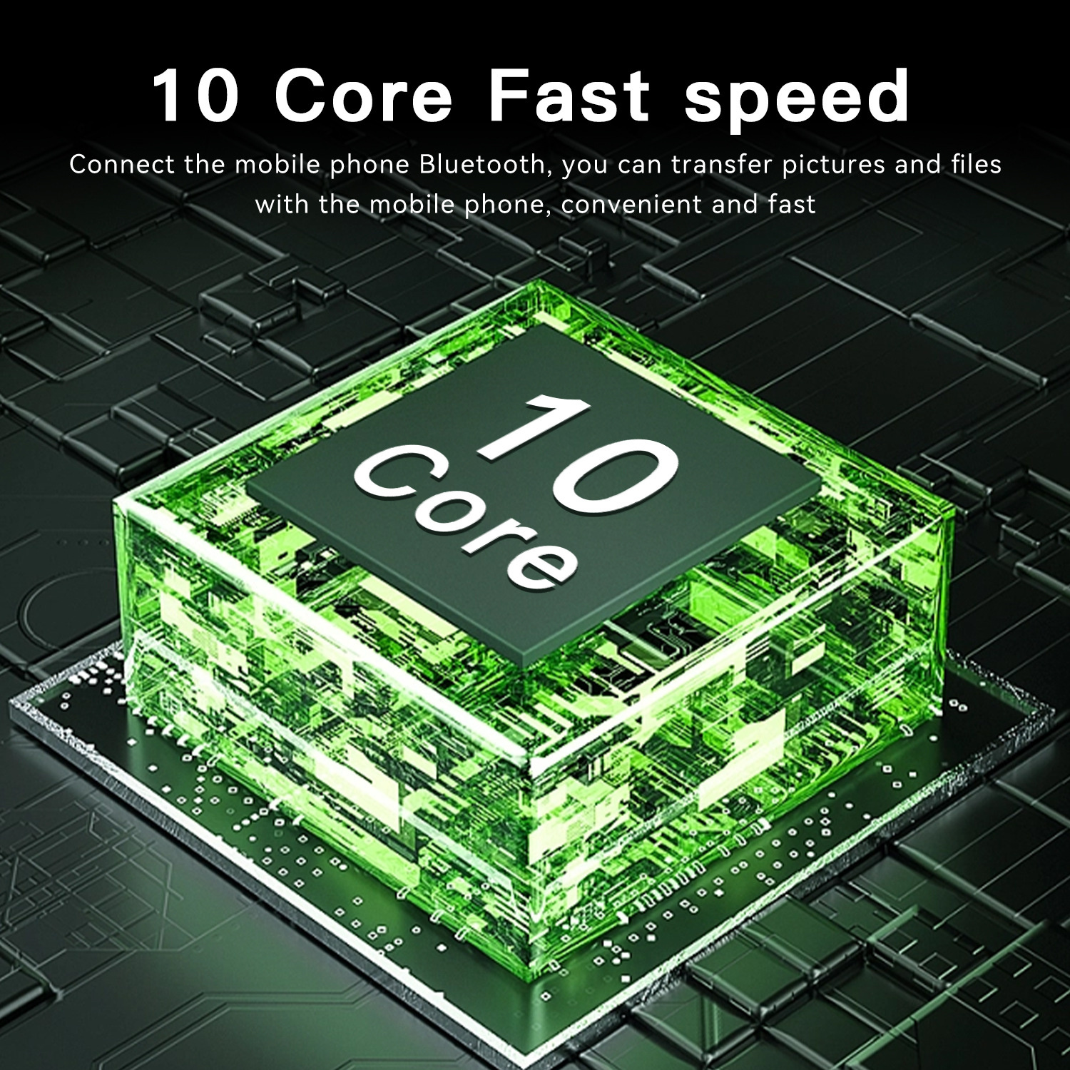 Ein grün leuchtender Computerchip mit dem Text '10 Core'. Der Chip befindet sich auf einer Leiterplatte.