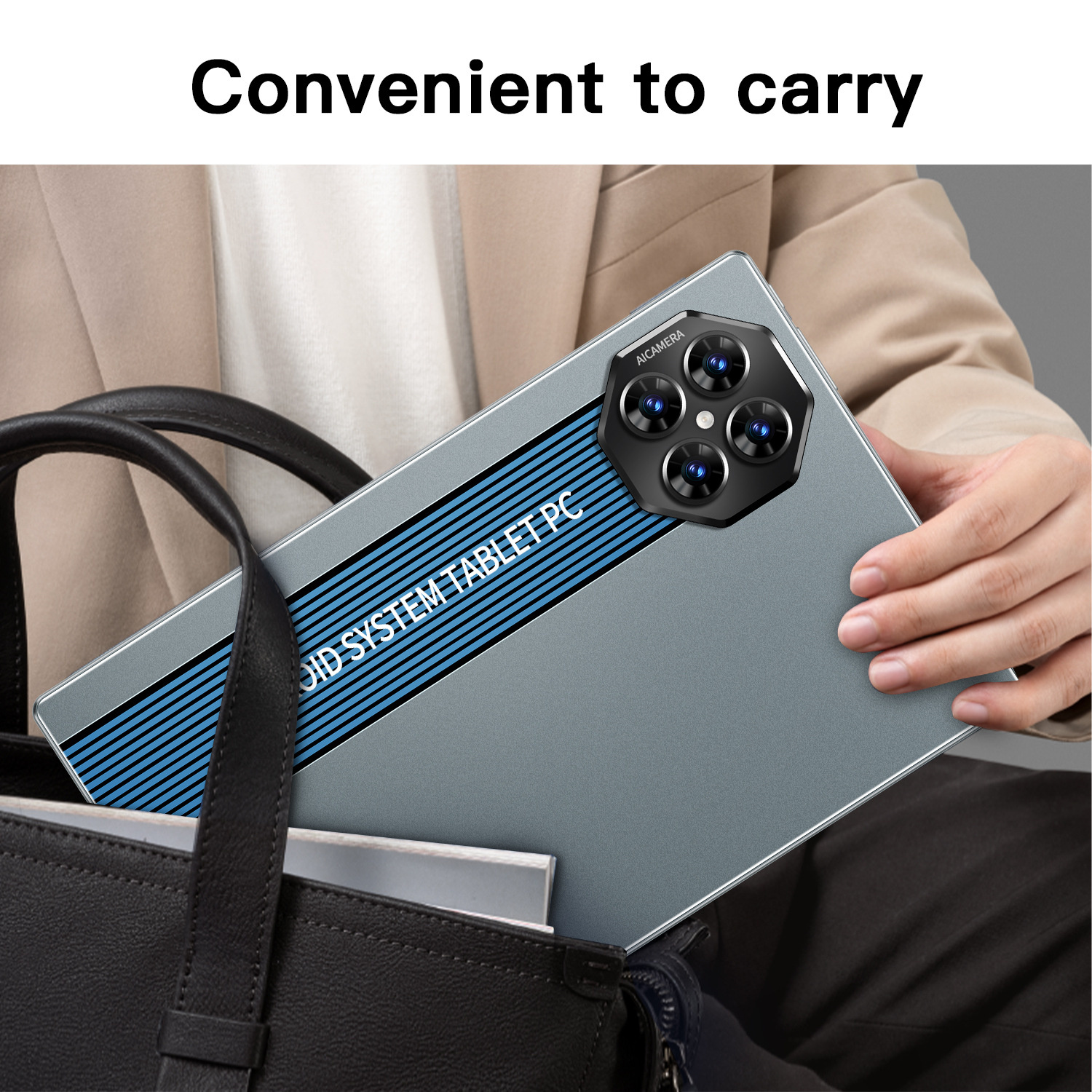 Ein graues Tablet wird aus einer schwarzen Tasche genommen. Das Tablet hat einen Kamera-Buckel und blaue Streifen.