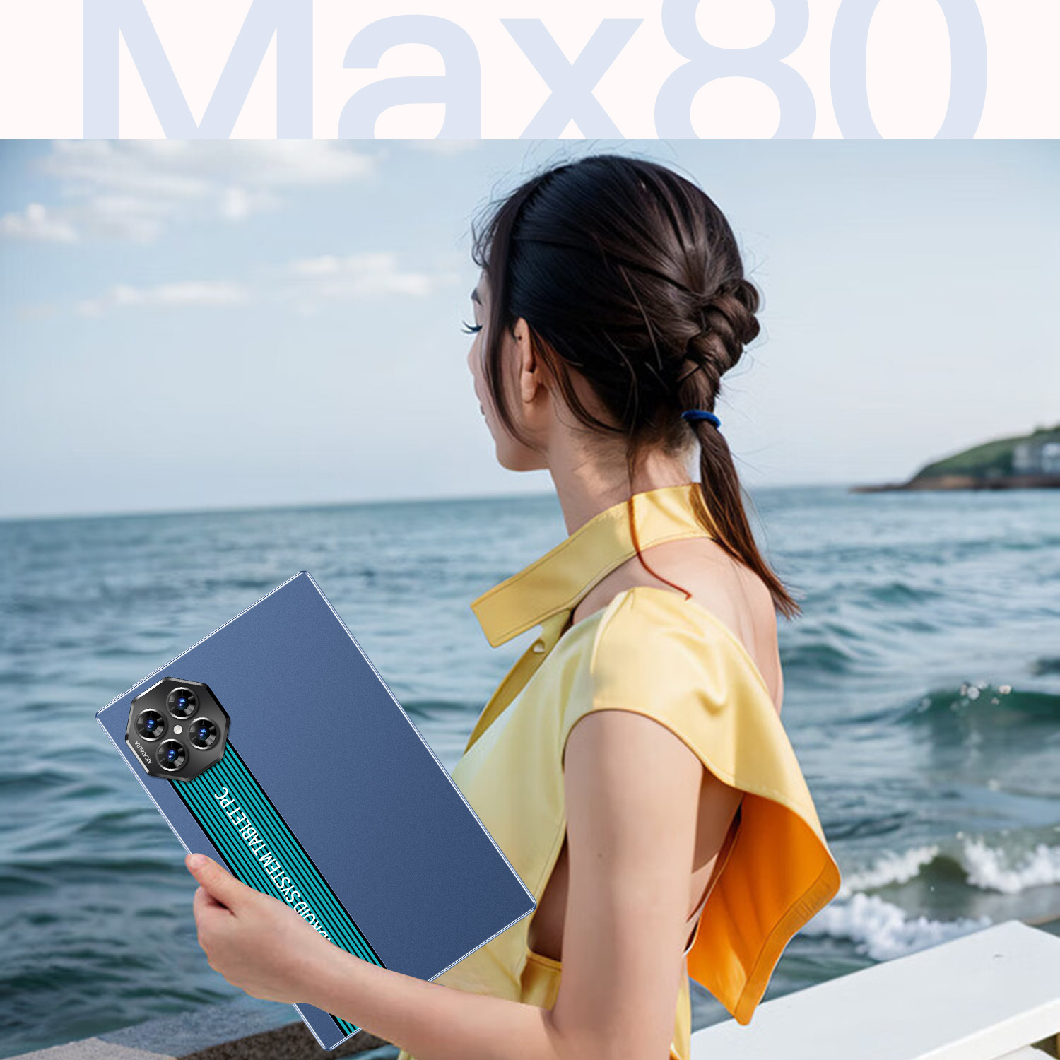 Frau hält ein blaues Tablet am Meer. Das Tablet hat ein Kameradesign.