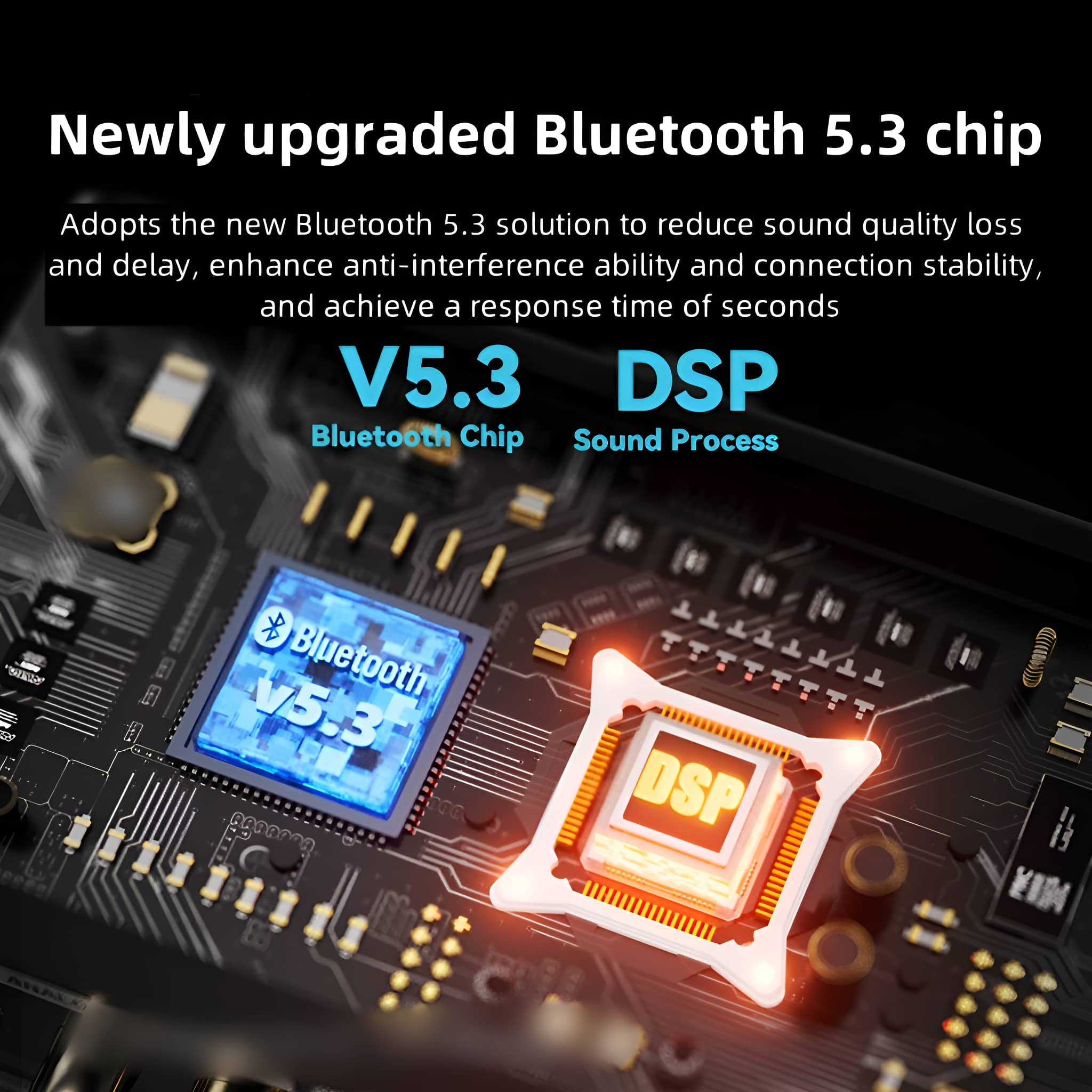 Nahaufnahme einer Leiterplatte mit Bluetooth- und DSP-Komponenten. Blaues und oranges Leuchten.