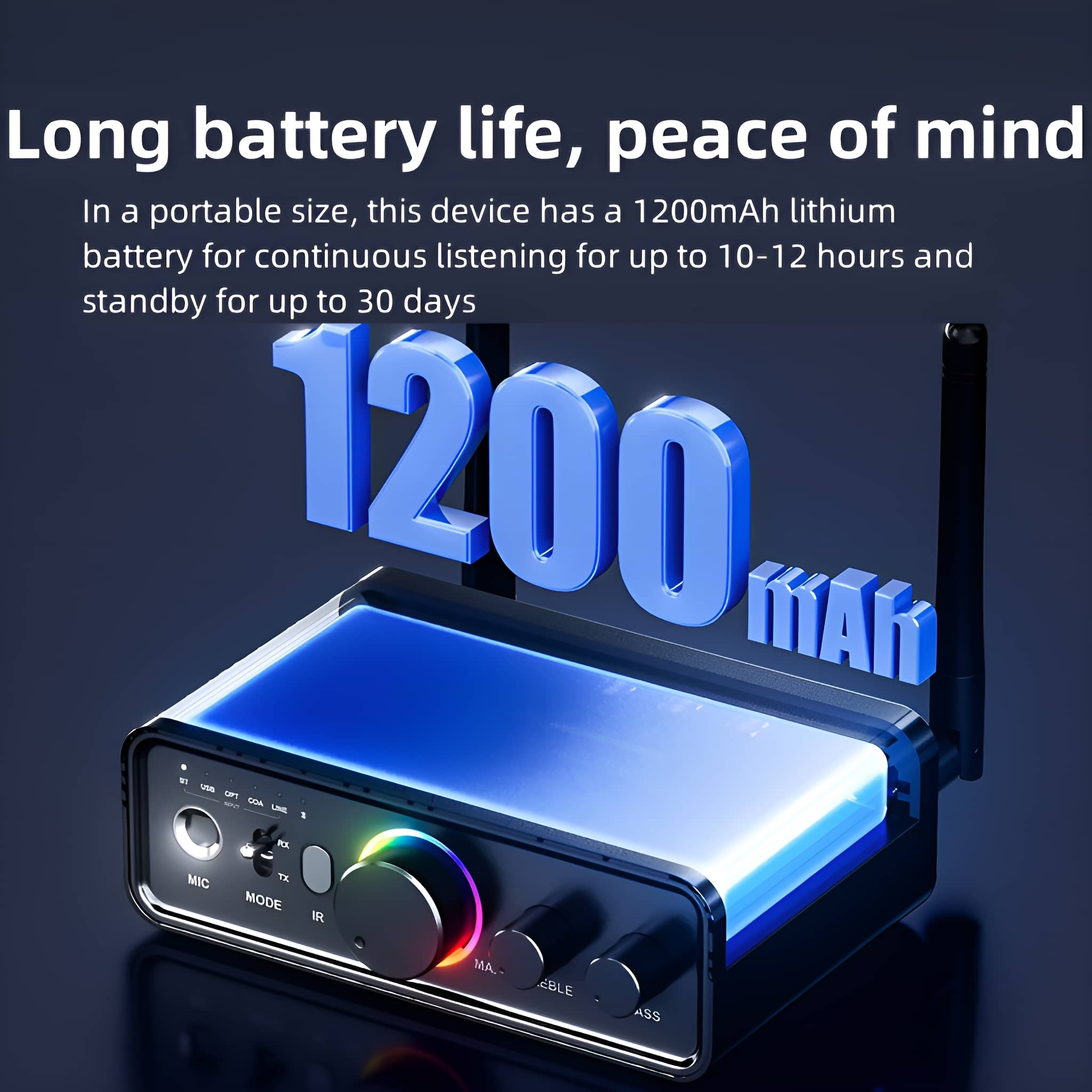 Gerät mit blauem Licht, Text "1200 mAh" in Blau.