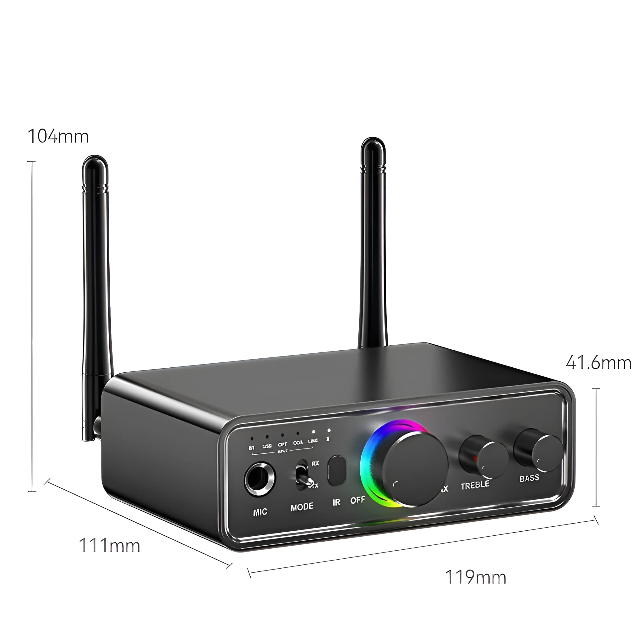 Schwarzer Audio-Receiver mit Maßen von 111mm x 119mm x 104mm. Antennen und Regler.