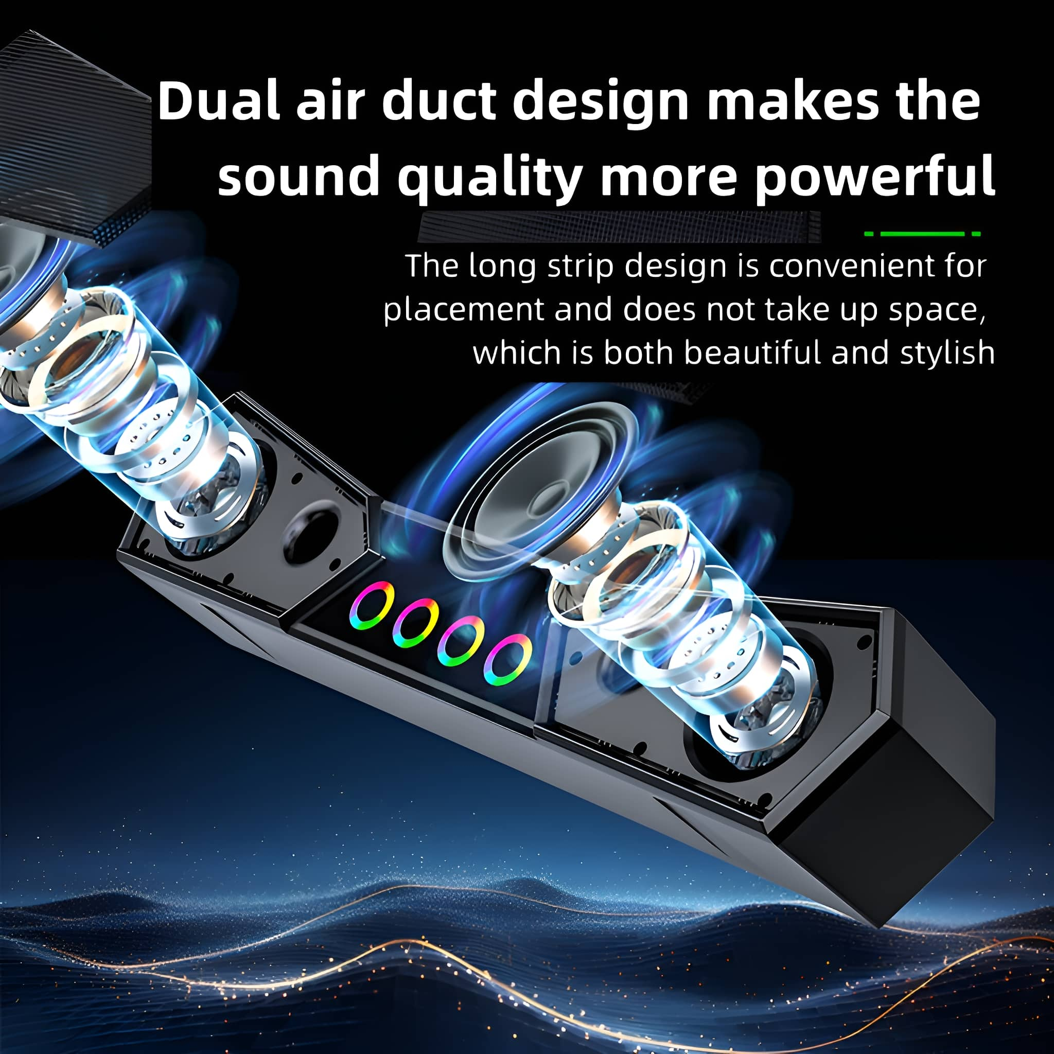 Schwarzer Lautsprecher mit LED-Leuchten. Der Lautsprecher hat ein langes Streifendesign und zwei Luftkanäle.
