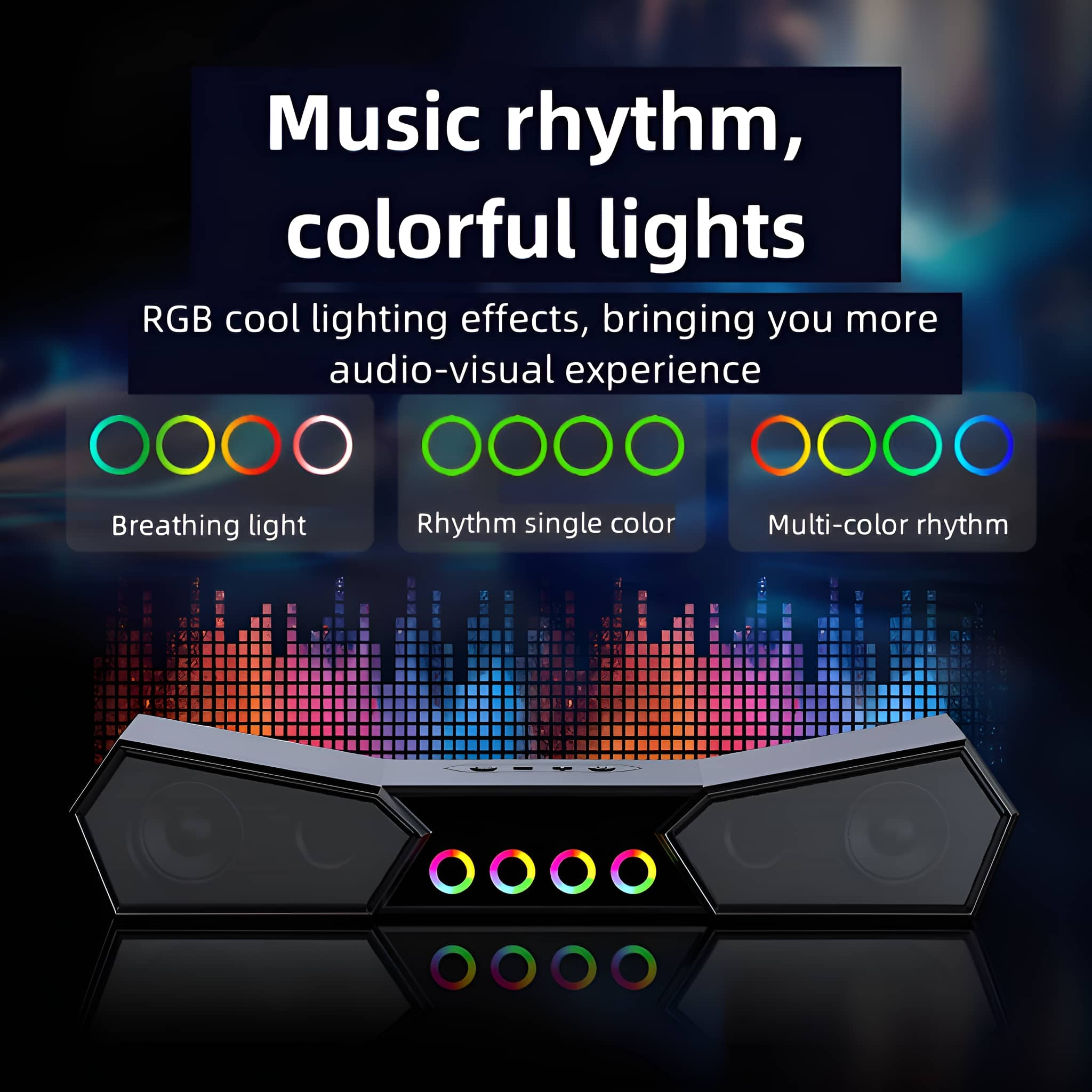 Ein Lautsprechersystem mit bunten Lichtern und Text über Musikrhythmus und Licht.
