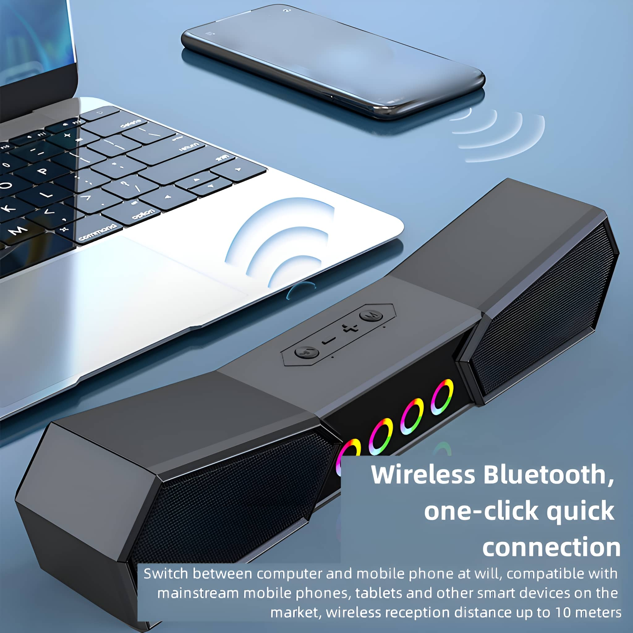 Schwarzer Bluetooth-Lautsprecher mit bunten Lichtern. Ein Laptop und ein Telefon sind in der Nähe. Blauer Hintergrund.