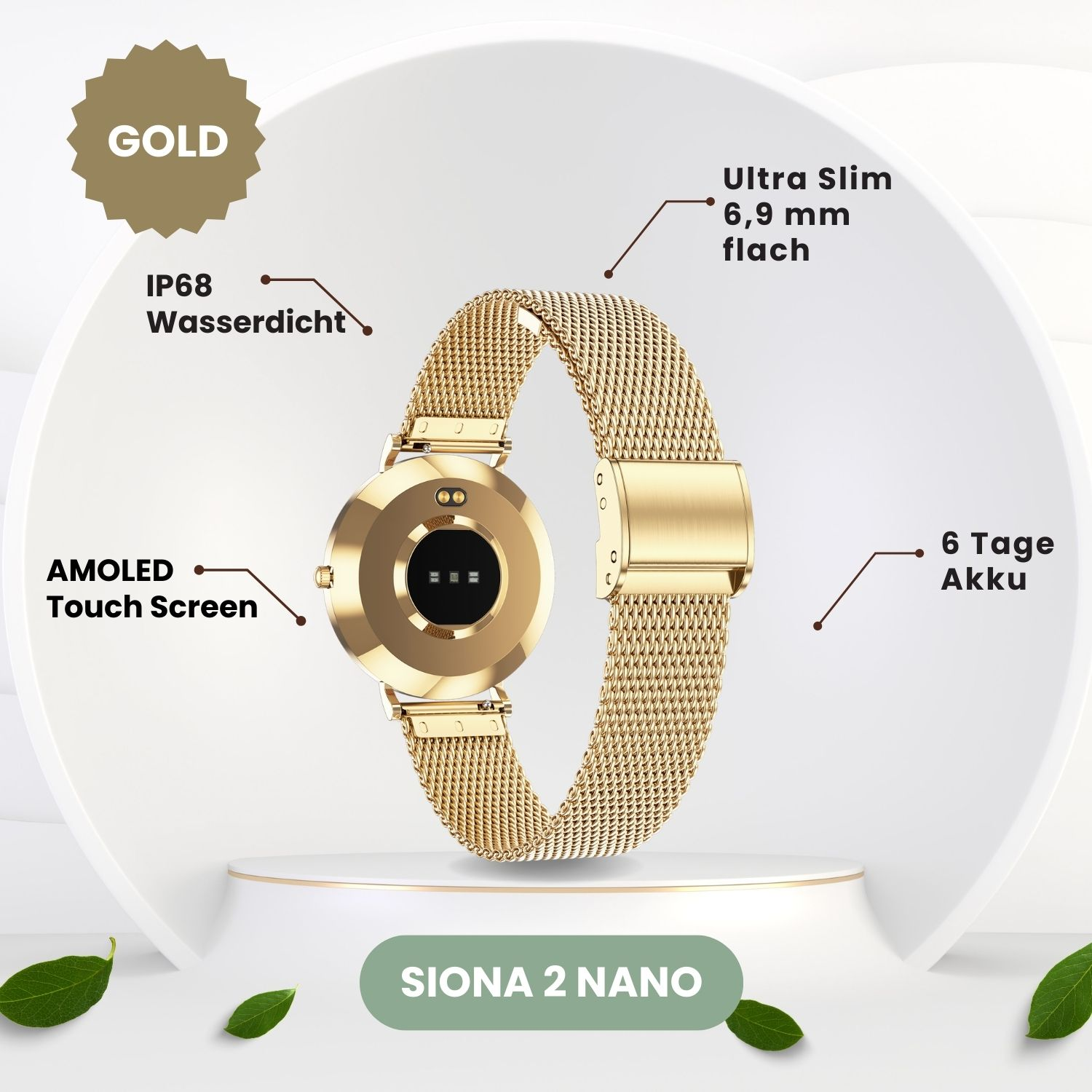 Goldene Smartwatch mit goldenem Mesh-Armband, Textbeschriftungen und weißem Hintergrund.