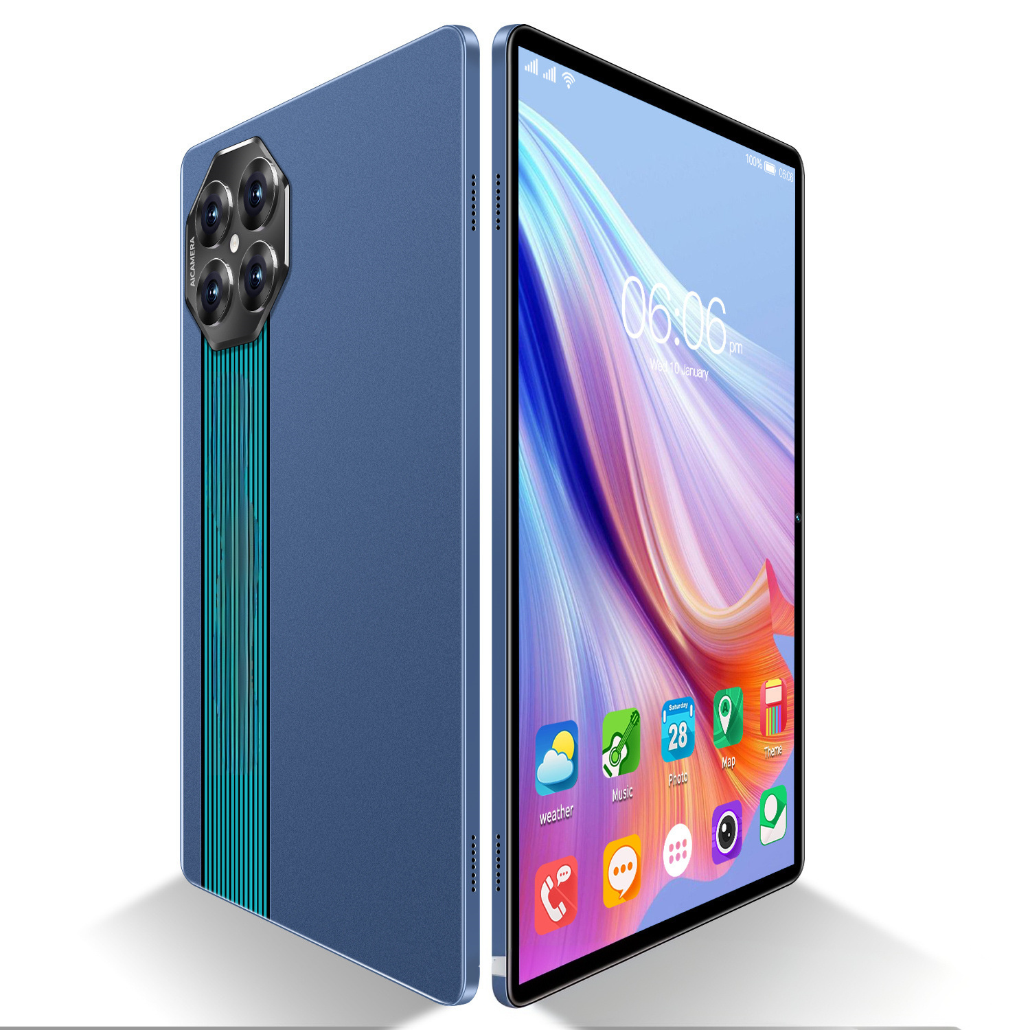 Blaues Tablet mit vier Rückkameras und einem Bildschirm mit Uhrzeit und Symbolen.