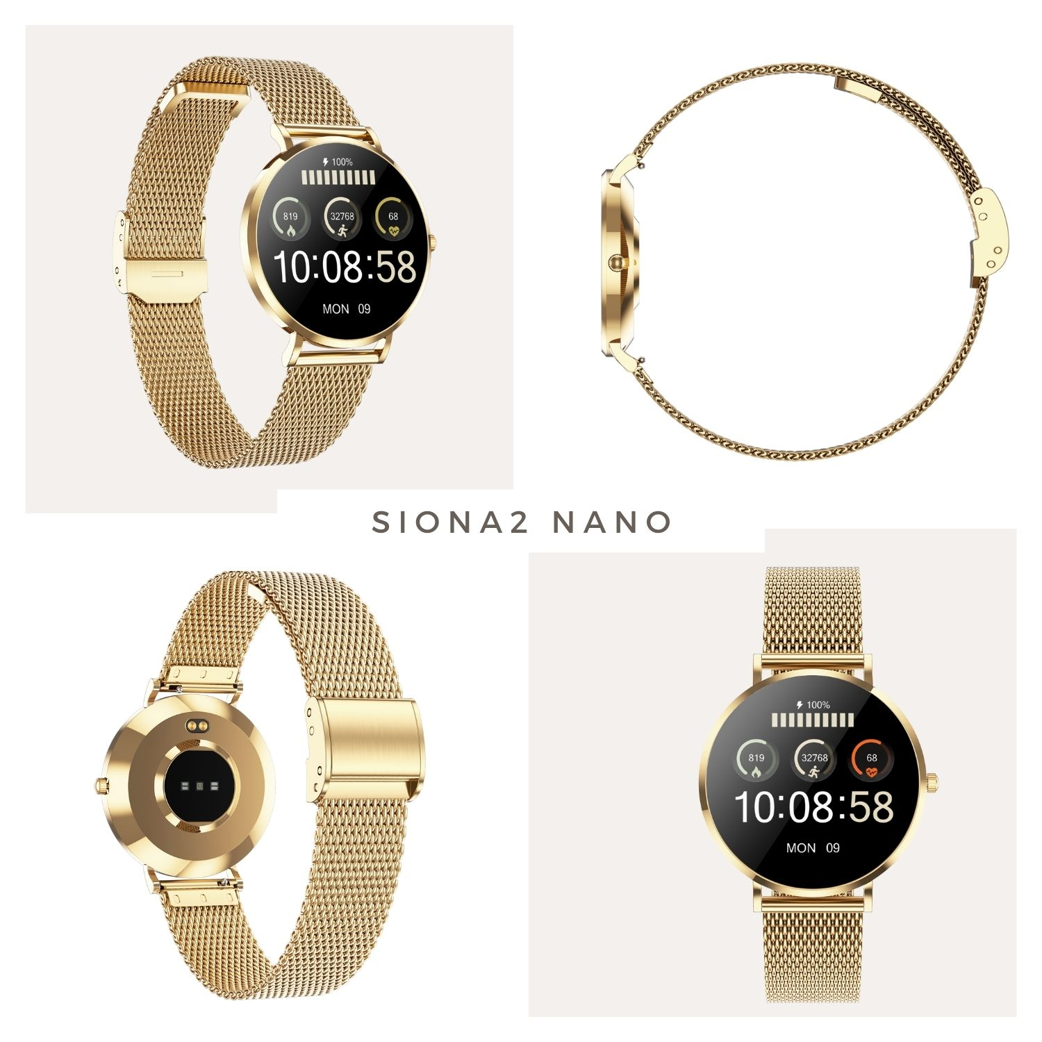 Goldene Siona2 Nano Smartwatch mit mehreren Ansichten, die die Uhr und das Armband zeigen.