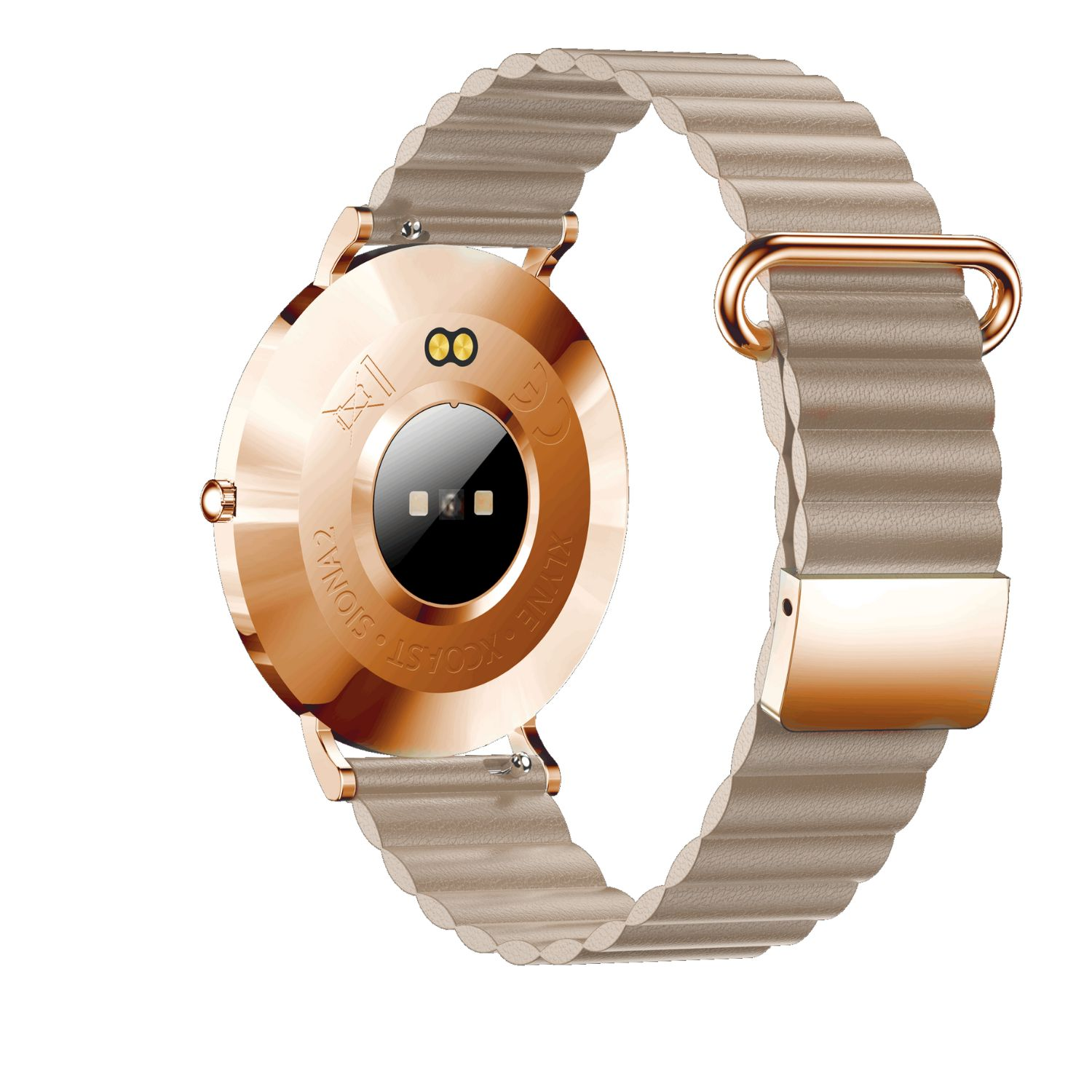 Goldene Smartwatch-Rückseite mit beigem Band, das mit der Uhr verbunden ist.
