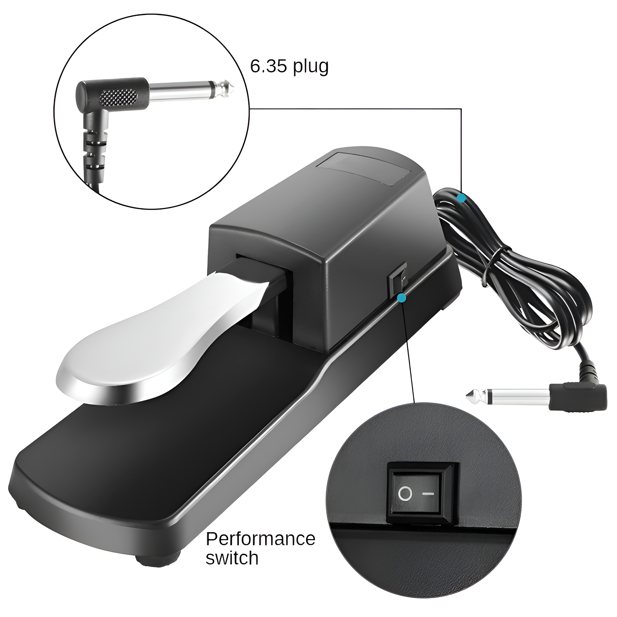Ein schwarzes Piano-Sustain-Pedal mit silbernem Pedal, beschriftet mit 6,35-mm-Stecker und Performance-Schalter.