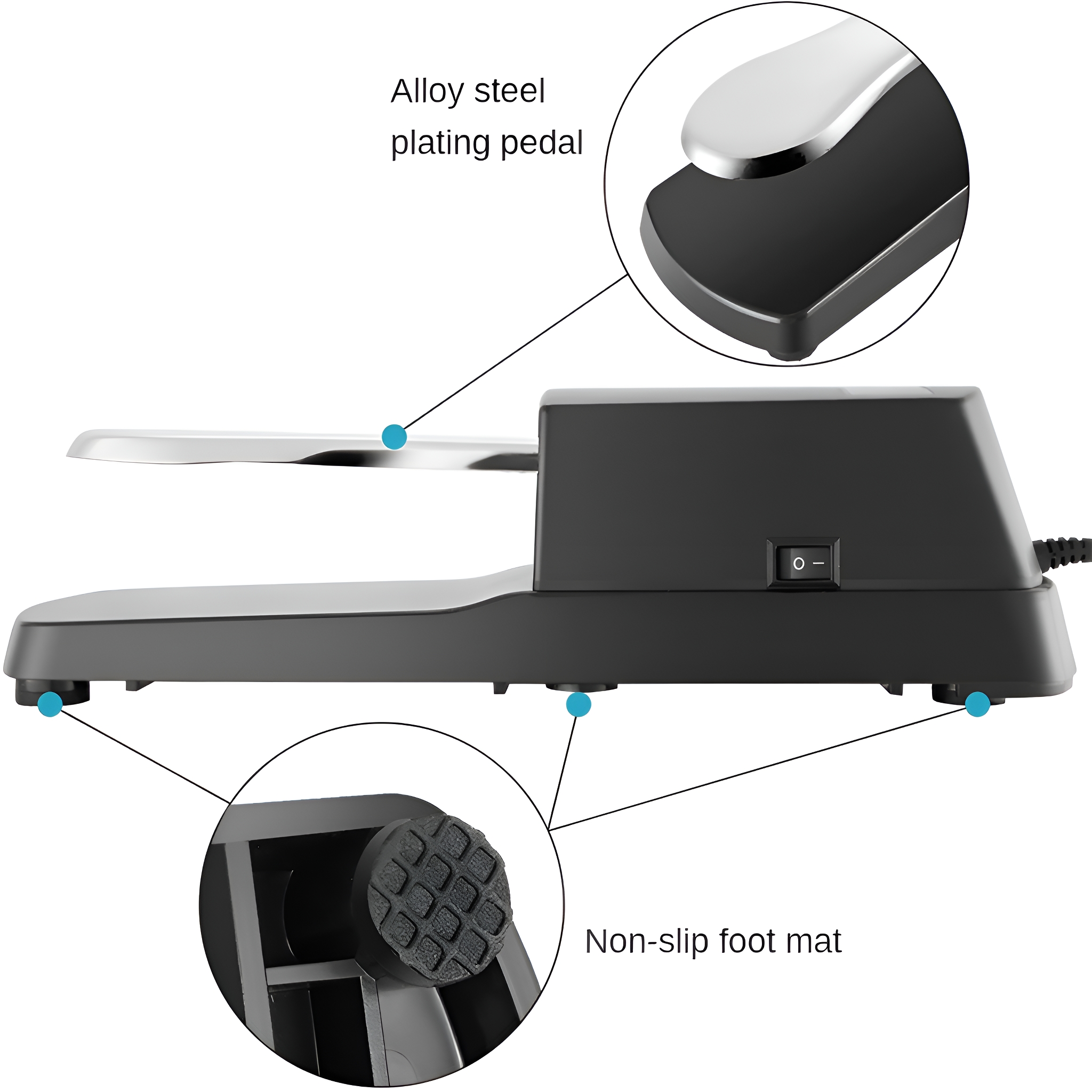 Schwarzes Piano-Sustain-Pedal mit Pedal aus legiertem Stahl und rutschfesten Füßen. Nahaufnahme mit Beschriftungen.