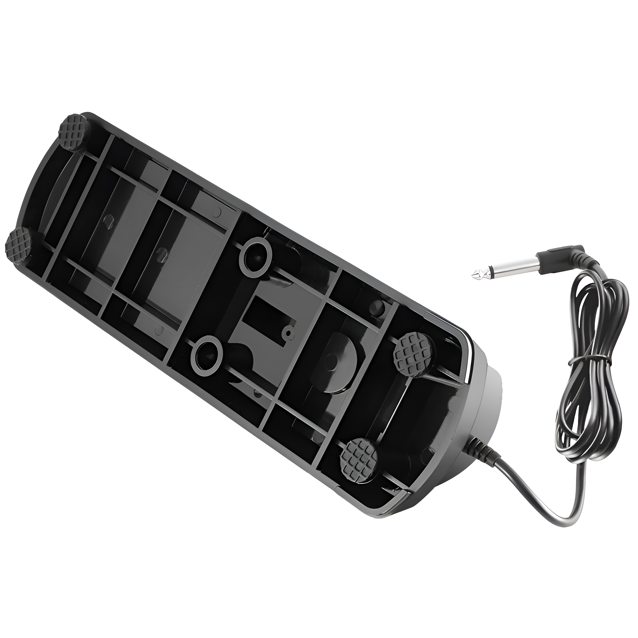 Schwarzes Fußpedal mit Kabel und Stecker.