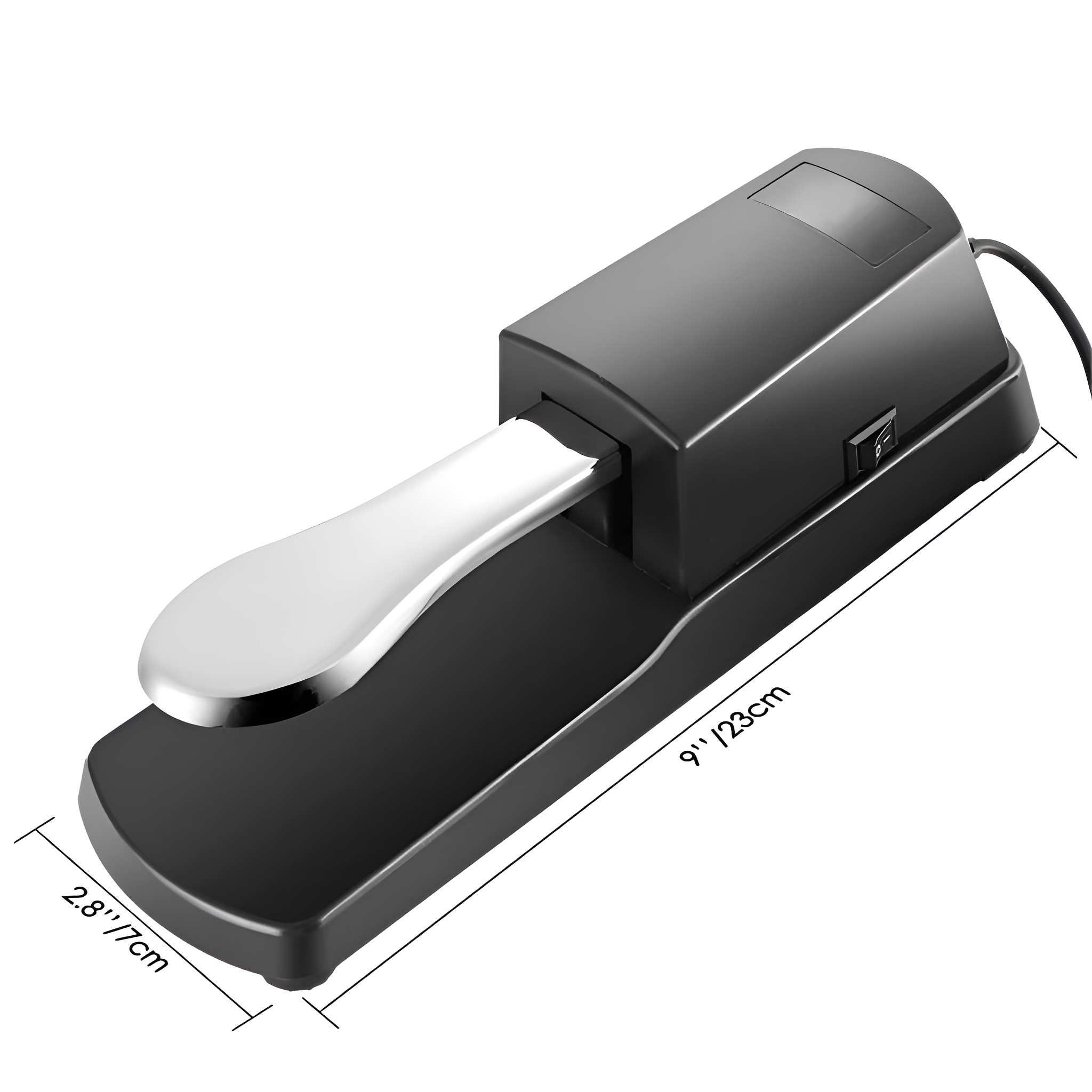 Schwarzes Piano-Sustain-Pedal. Das Pedal ist schwarz. Weißer Hintergrund.