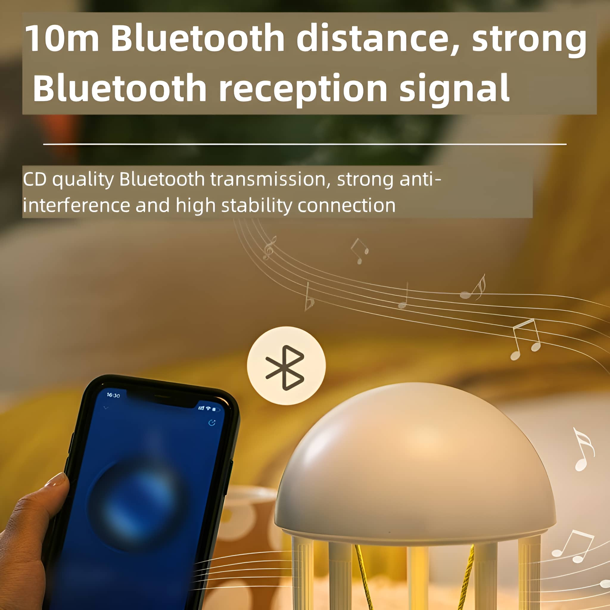 Eine Person, die ein Telefon mit Bluetooth-Symbol in der Nähe einer Lampe mit Noten hält.