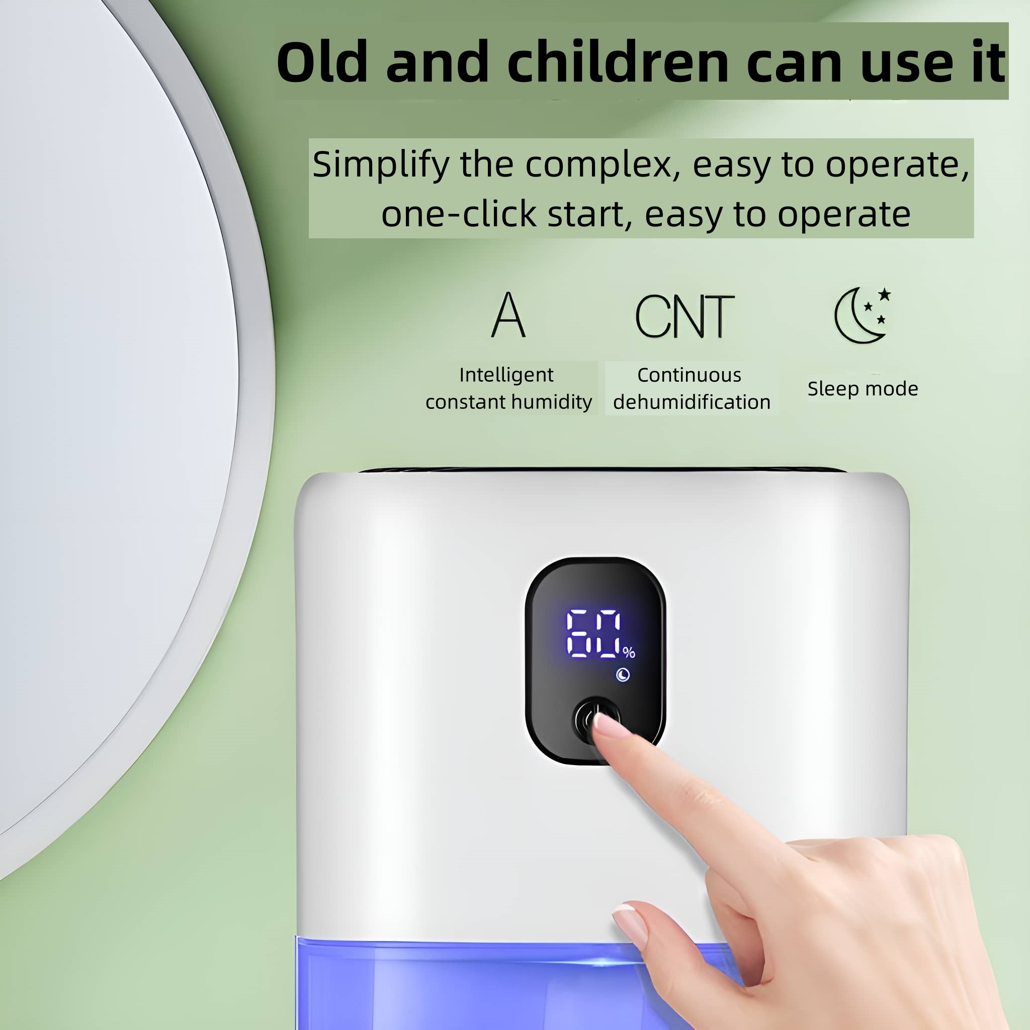Luftentfeuchter-Display mit 60%. Text: Alt und Kinder können es benutzen. Vereinfacht die Bedienung mit einem Klick.