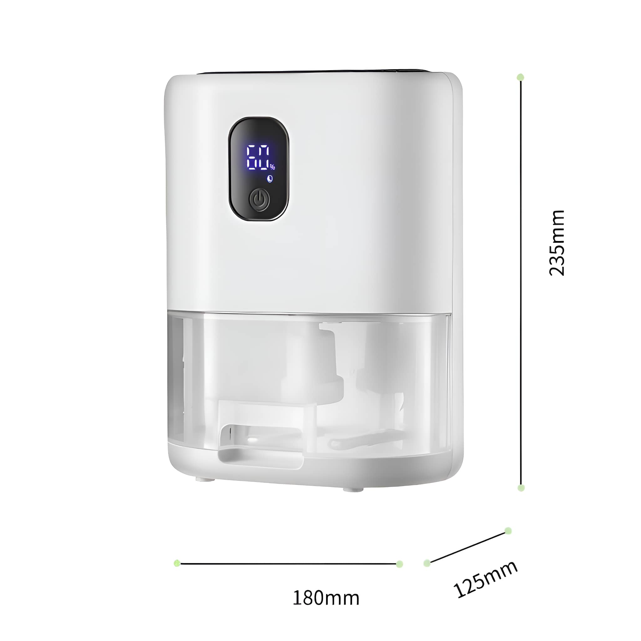 Weißer Luftentfeuchter mit Digitalanzeige. Abmessungen sind 180 mm x 125 mm x 235 mm.