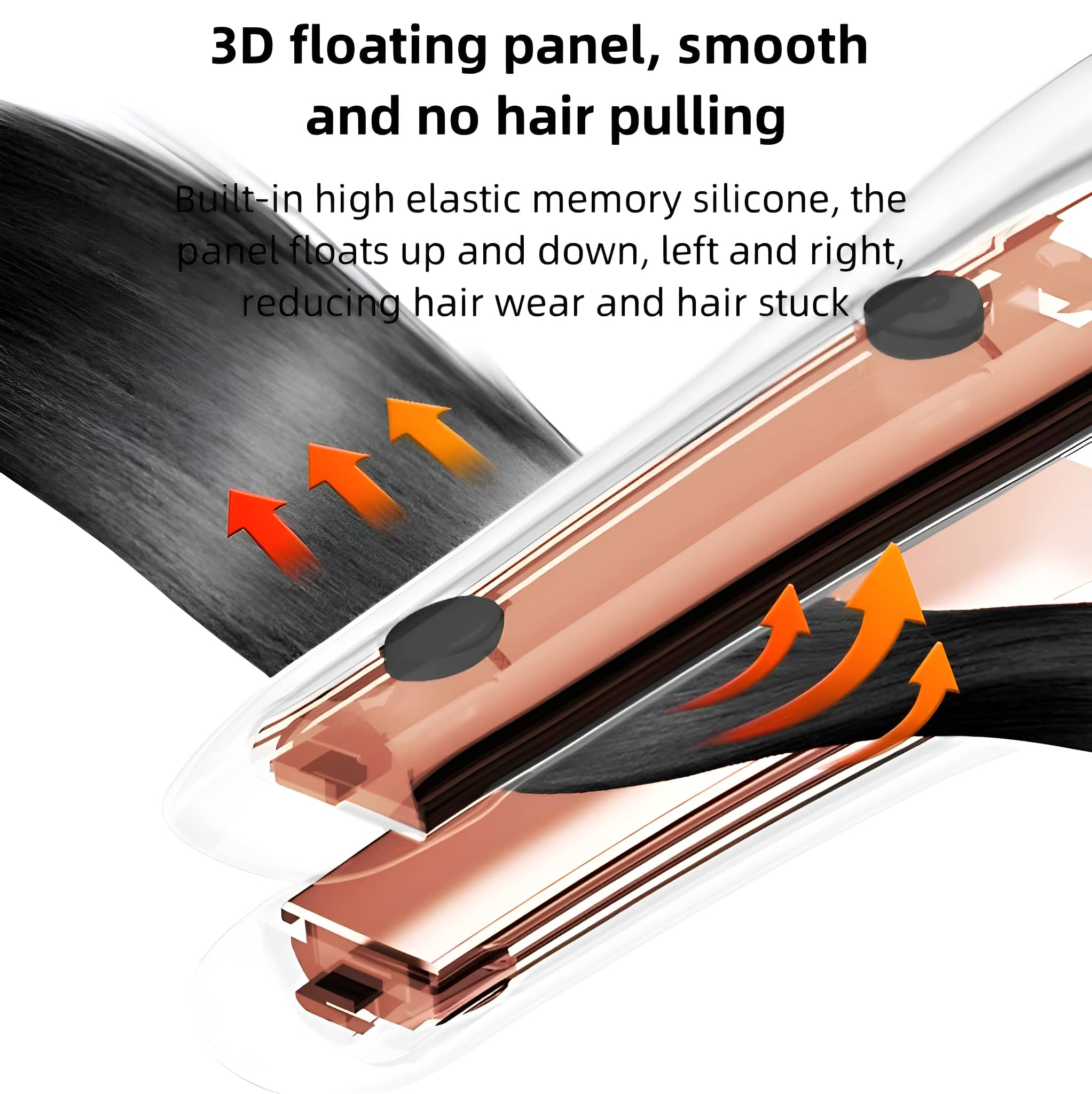Nahaufnahme eines Haarglätters mit Heizplatten und Pfeilen, die die Haarbewegung anzeigen.