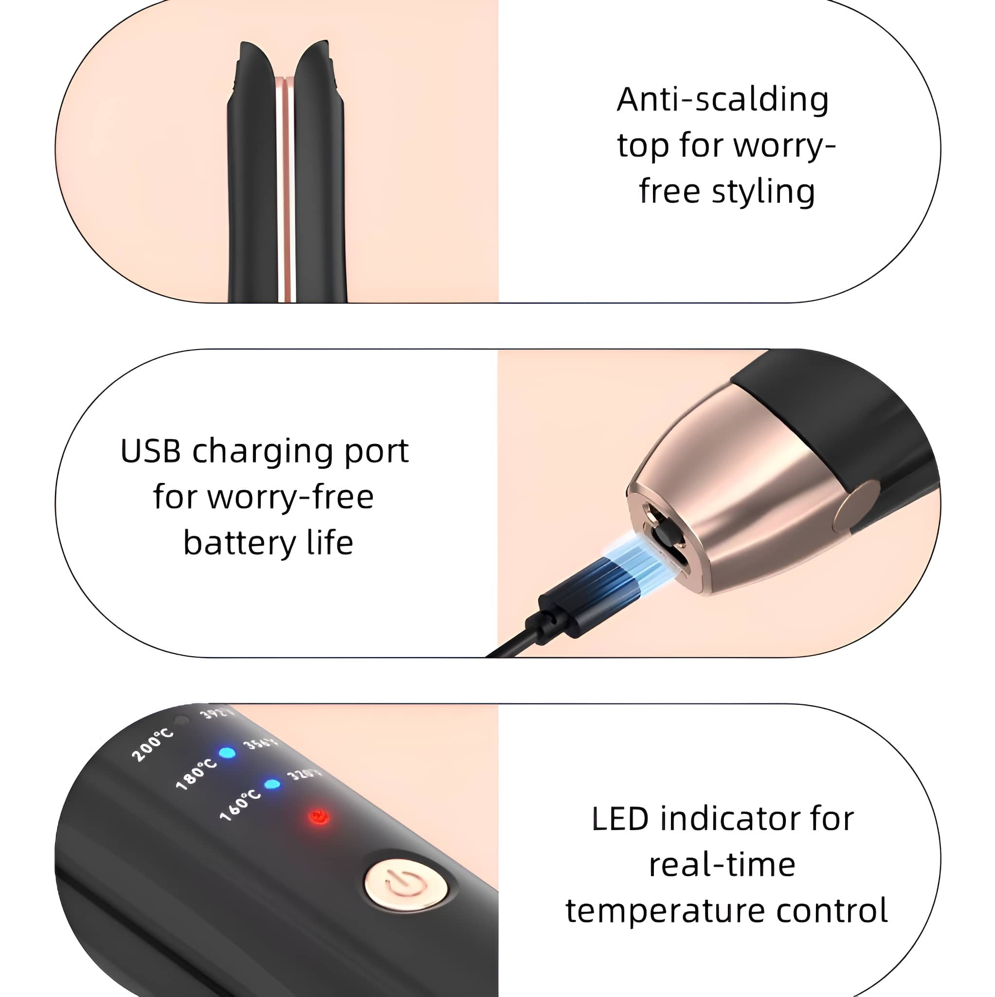 Nahaufnahmen eines Haarglätters. Enthält Text für Funktionen: Verbrühschutz, USB, LED.