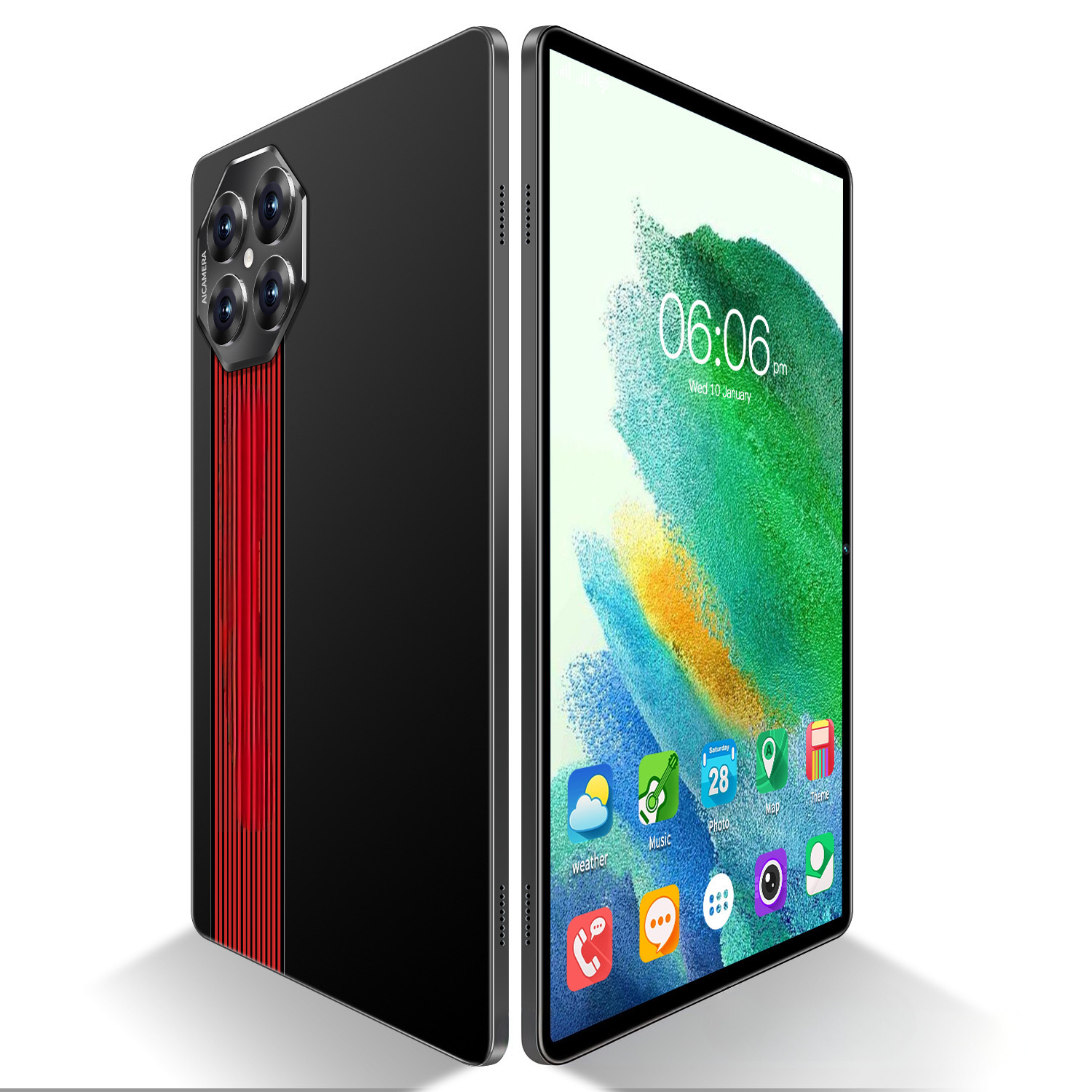 Schwarzes Tablet mit mehreren Kameras auf der Rückseite und rotem Streifen. Der Bildschirm zeigt Apps.