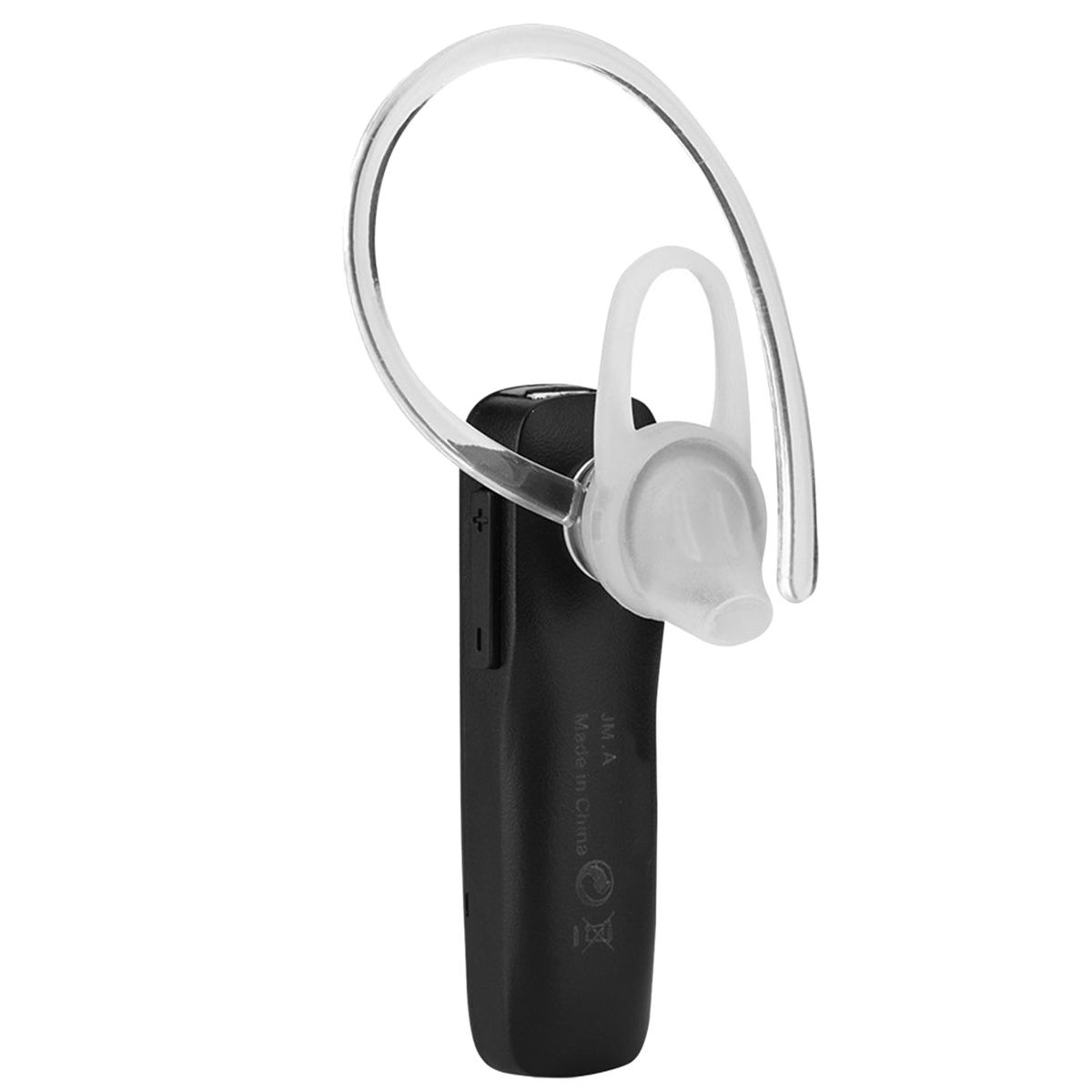 Ein schwarzes Bluetooth-Headset mit einem durchsichtigen Ohrhaken. Es ist eine Nahaufnahme.