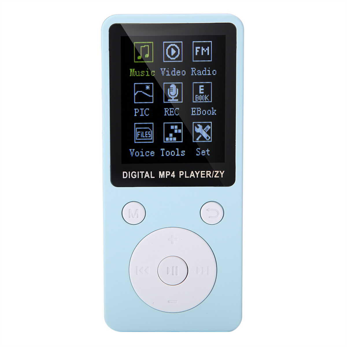 Ein hellblauer digitaler MP4-Player mit einem Bildschirm, der Symbole für Musik, Video, Radio und mehr anzeigt.