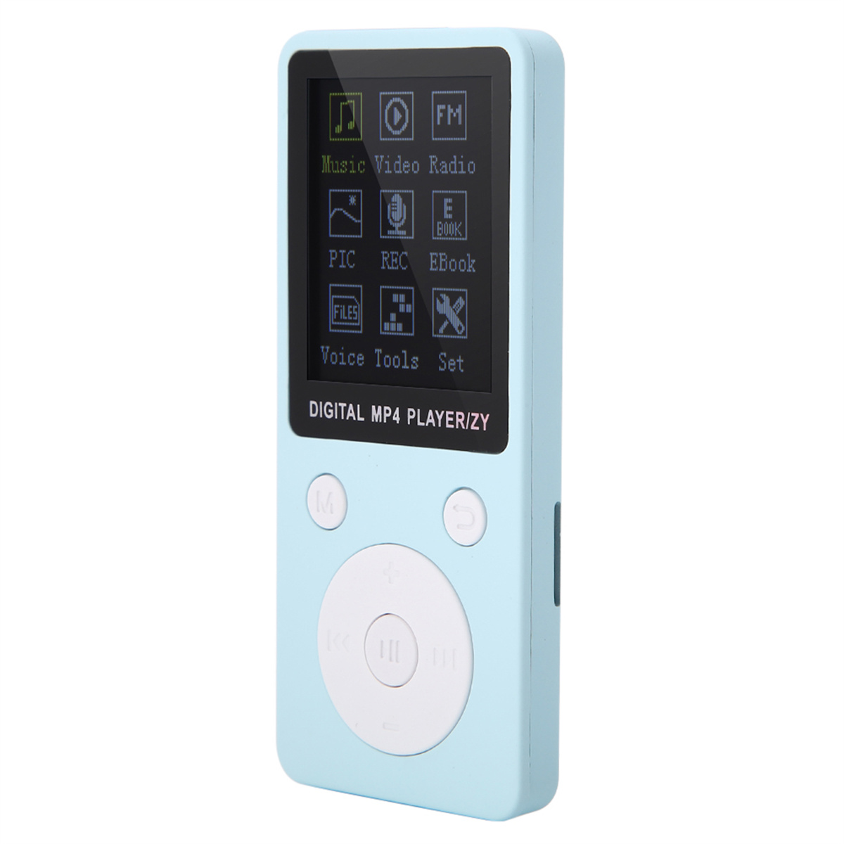 Hellblauer digitaler MP4-Player mit Bildschirm, der Symbole und Tasten zur Navigation anzeigt.