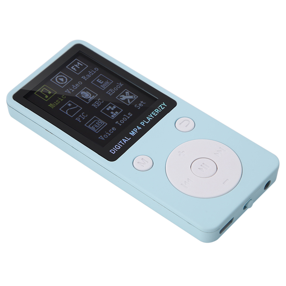 Ein hellblauer MP4-Player mit einem Bildschirm, der Symbole und Tasten anzeigt.