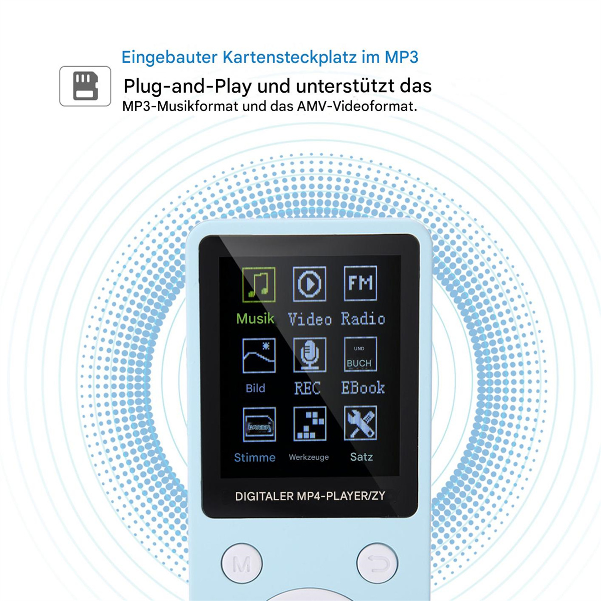 Blauer MP3-Player mit Bildschirm, der Symbole anzeigt. Enthält Text auf Deutsch.