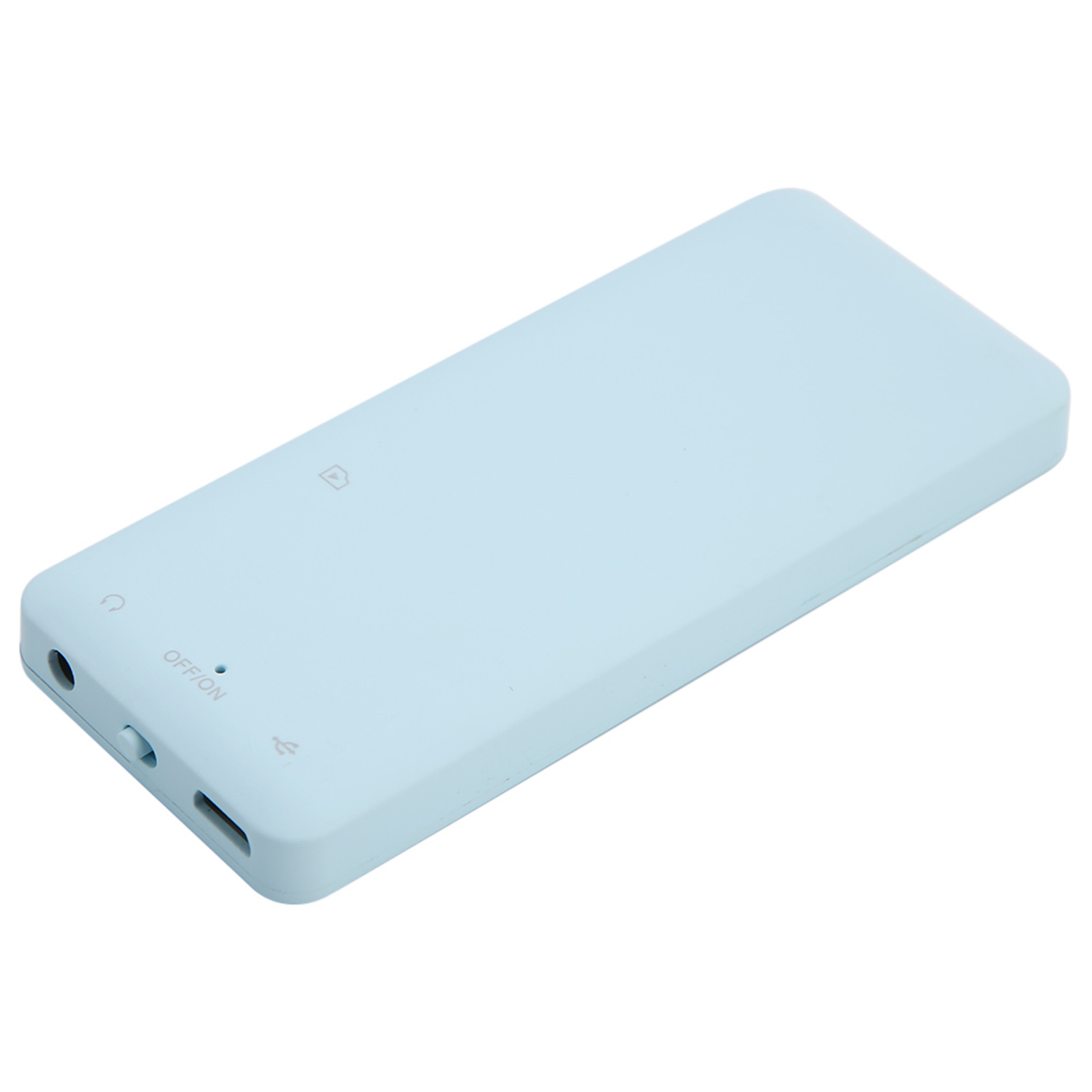 Ein hellblauer MP3-Player mit Ein/Aus-Taste und Eingangsanschlüssen an der Seite.