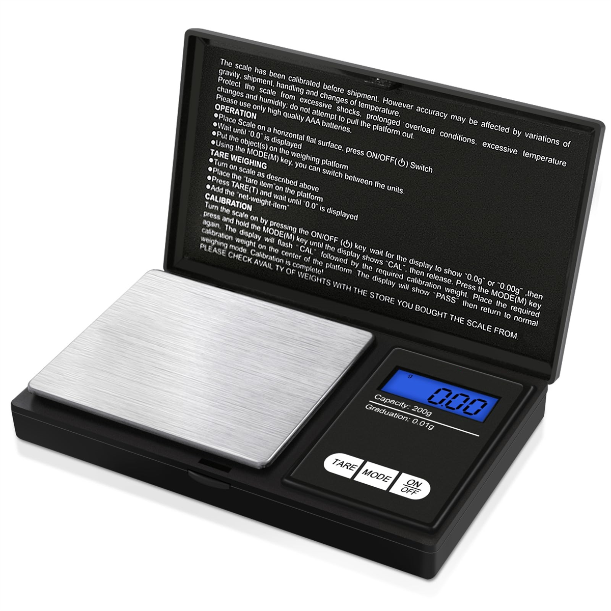 Eine schwarze digitale Taschenwaage mit silberner Wiegefläche und Display.