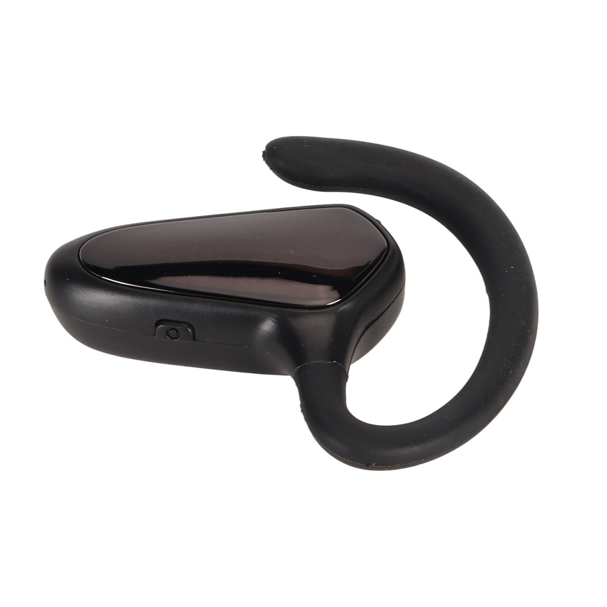 Schwarzes kabelloses Bluetooth-Headset mit gebogenem Design, isoliert auf weißem Hintergrund.