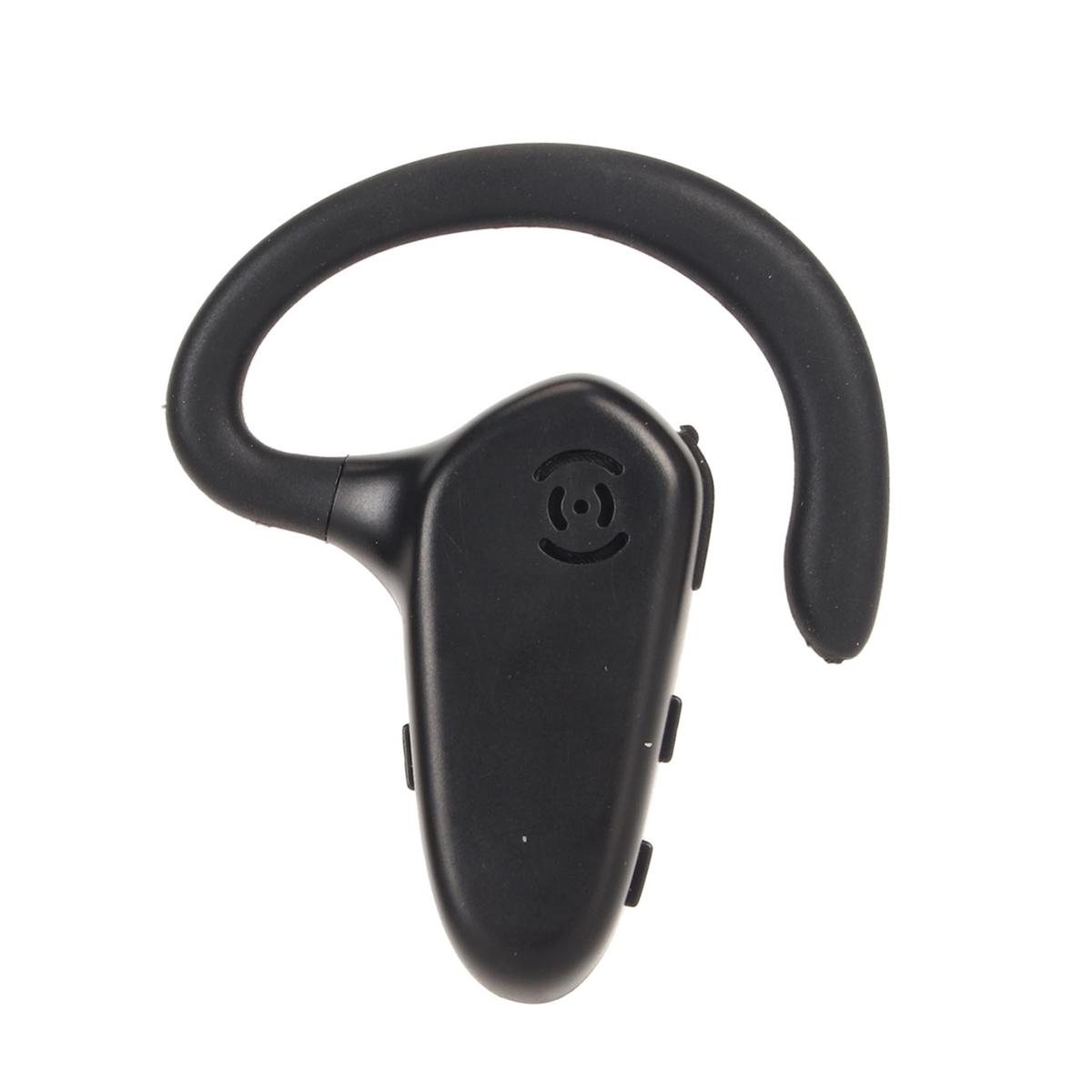 Schwarzes Bluetooth-Headset mit Ohrbügel. Das Headset hat ein gebogenes Design und ist vor weißem Hintergrund.