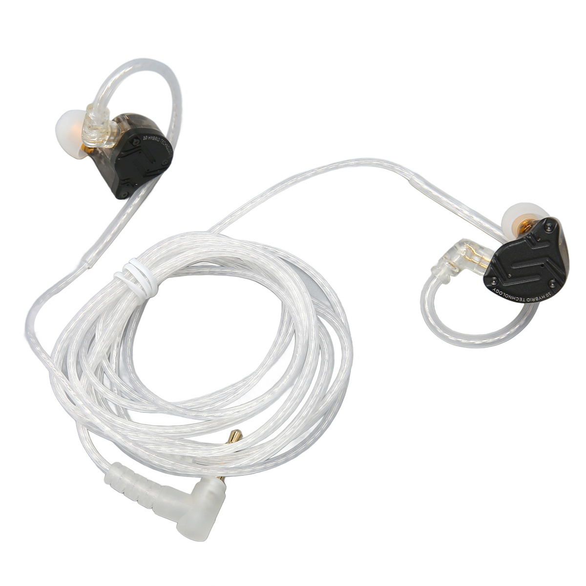 Kopfhörer mit transparenten Kabeln, schwarzen und goldenen Details. Weißer Stecker. In-Ear-Design.
