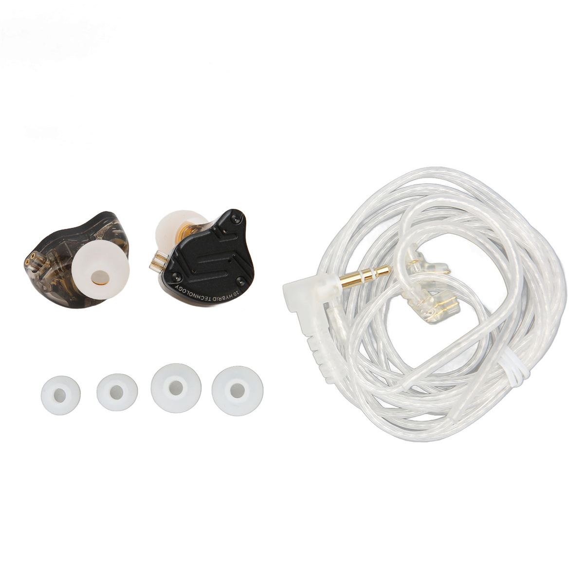 Kopfhörer und Zubehör: zwei Kopfhörer, Ohrstöpsel und ein Kabel mit Klinke.