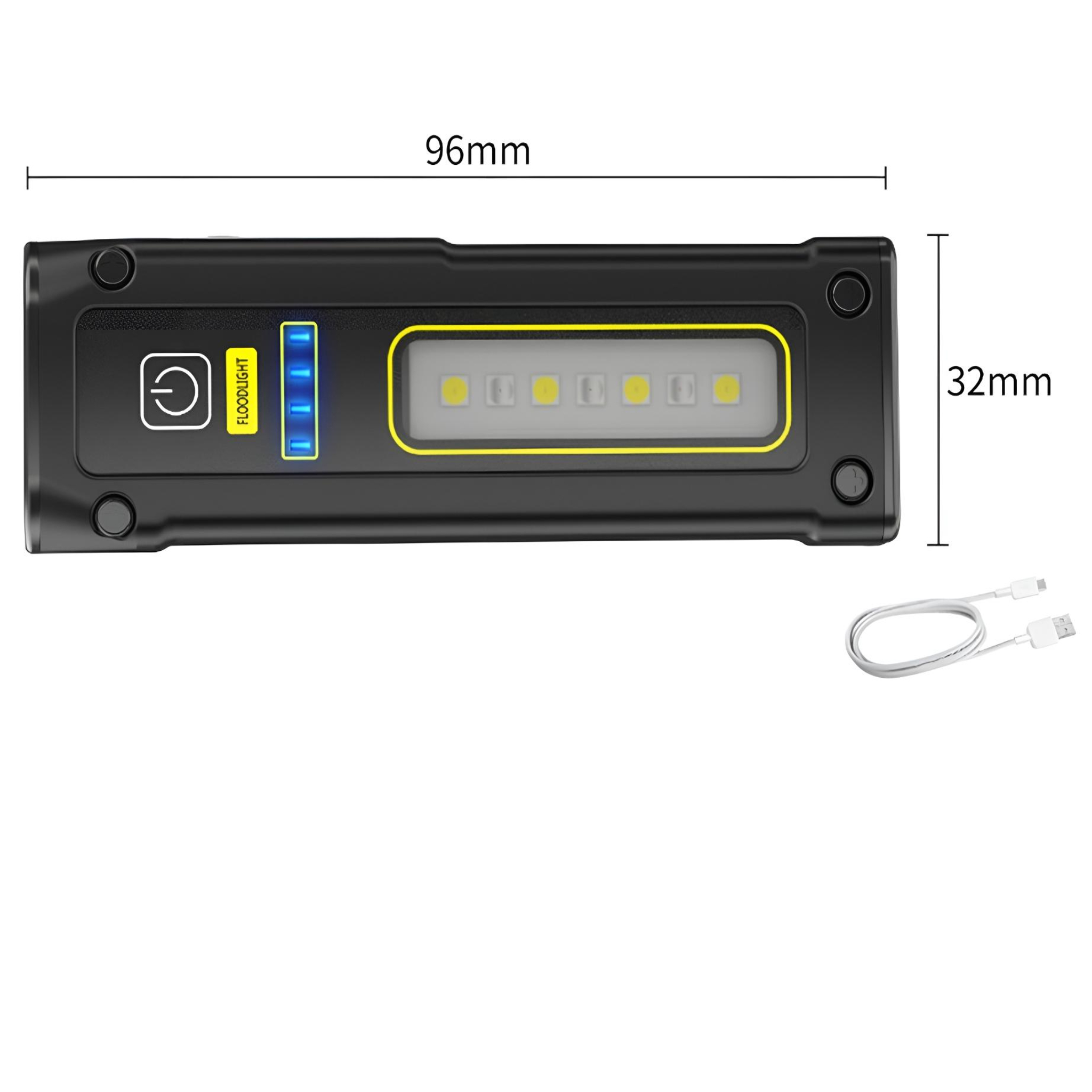 Eine schwarze Taschenlampe mit einem Ladekabel und den Abmessungen 96 mm x 32 mm.