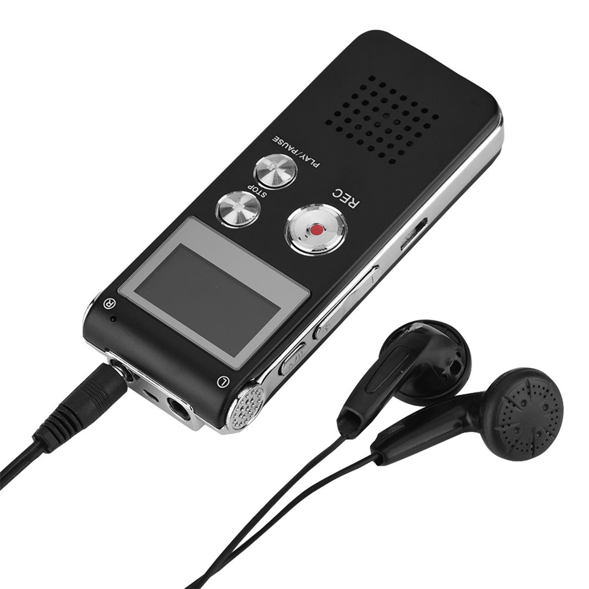 Schwarzer digitaler Sprachrecorder mit Knöpfen, Bildschirm und angeschlossenen schwarzen Ohrhörern.