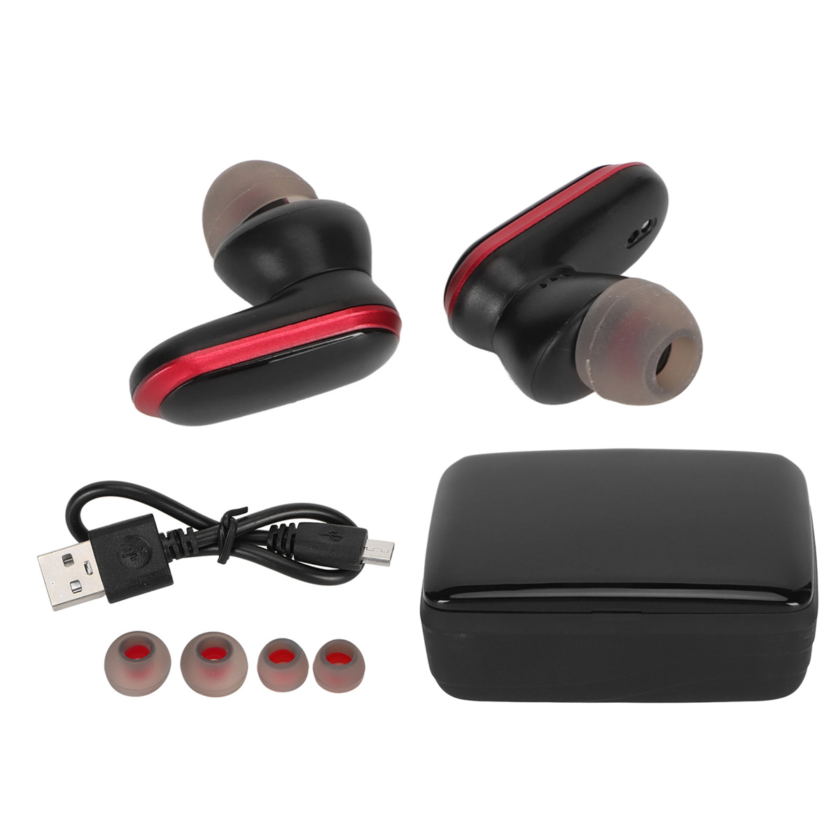 Ohrhörer, ein Ladeetui, ein USB-Kabel und zusätzliche Ohrstöpsel werden gezeigt. Die Ohrhörer sind schwarz und rot.