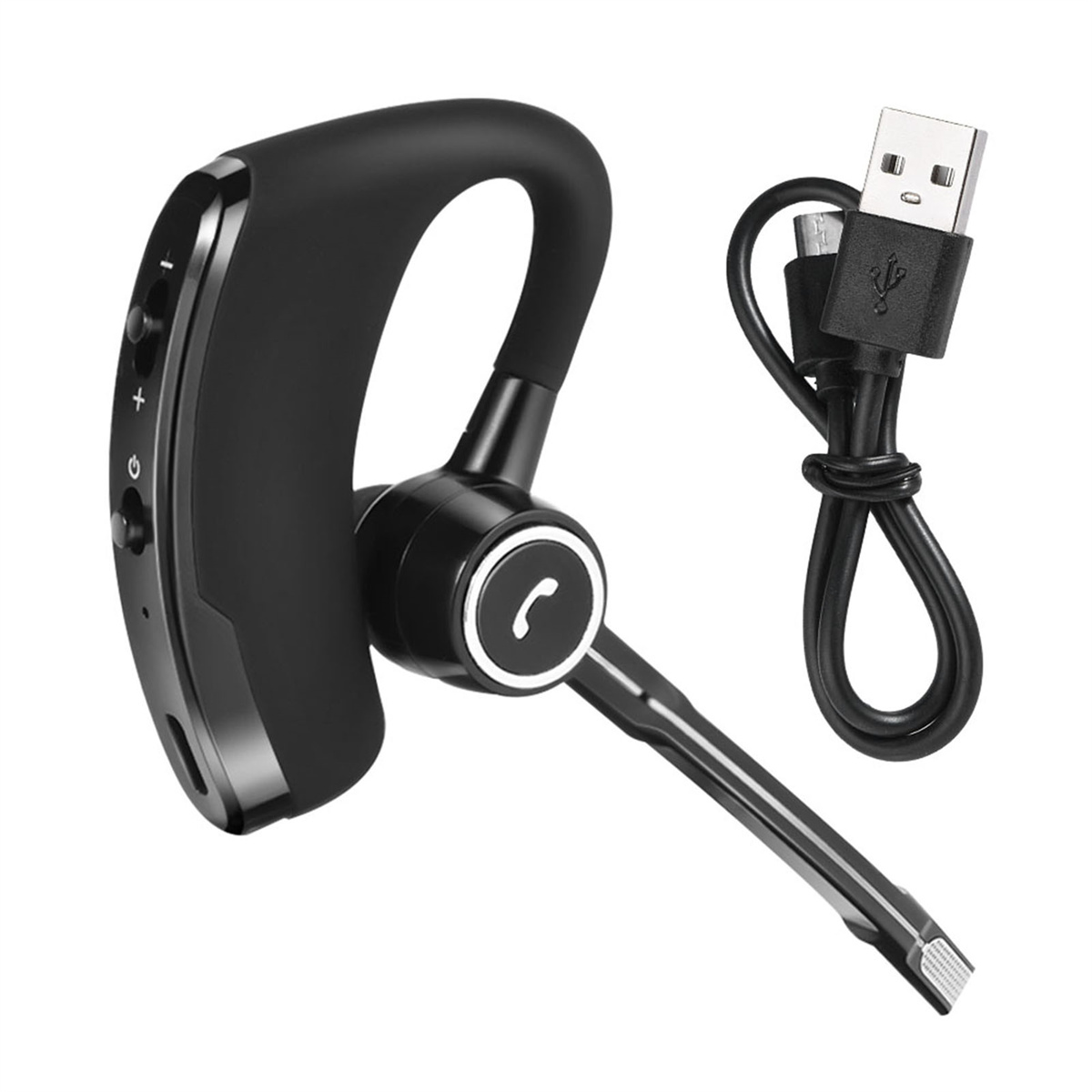 Ein schwarzes Bluetooth-Headset mit angeschlossenem Ladekabel, auf weiß.
