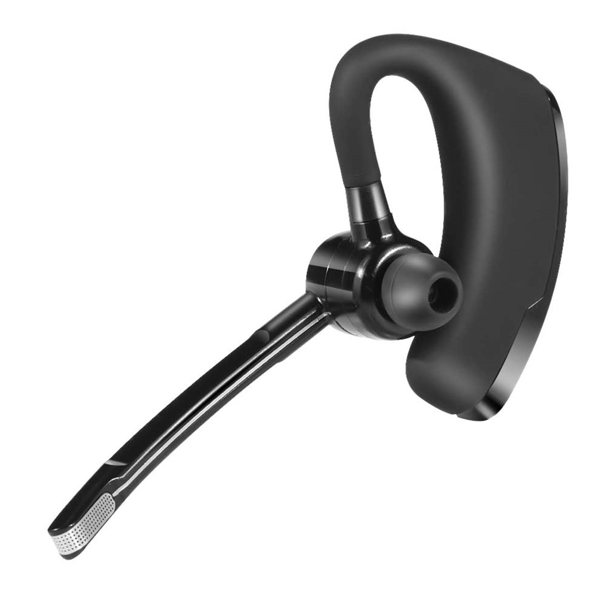 Schwarzes Bluetooth-Headset mit Mikrofon, geschwungenem Design und Ohrhörer, isoliert auf weißem Hintergrund.
