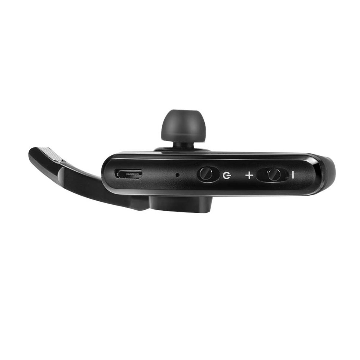 Schwarzes Bluetooth-Headset mit kleinem Ohrhörer und Bedienfeld.