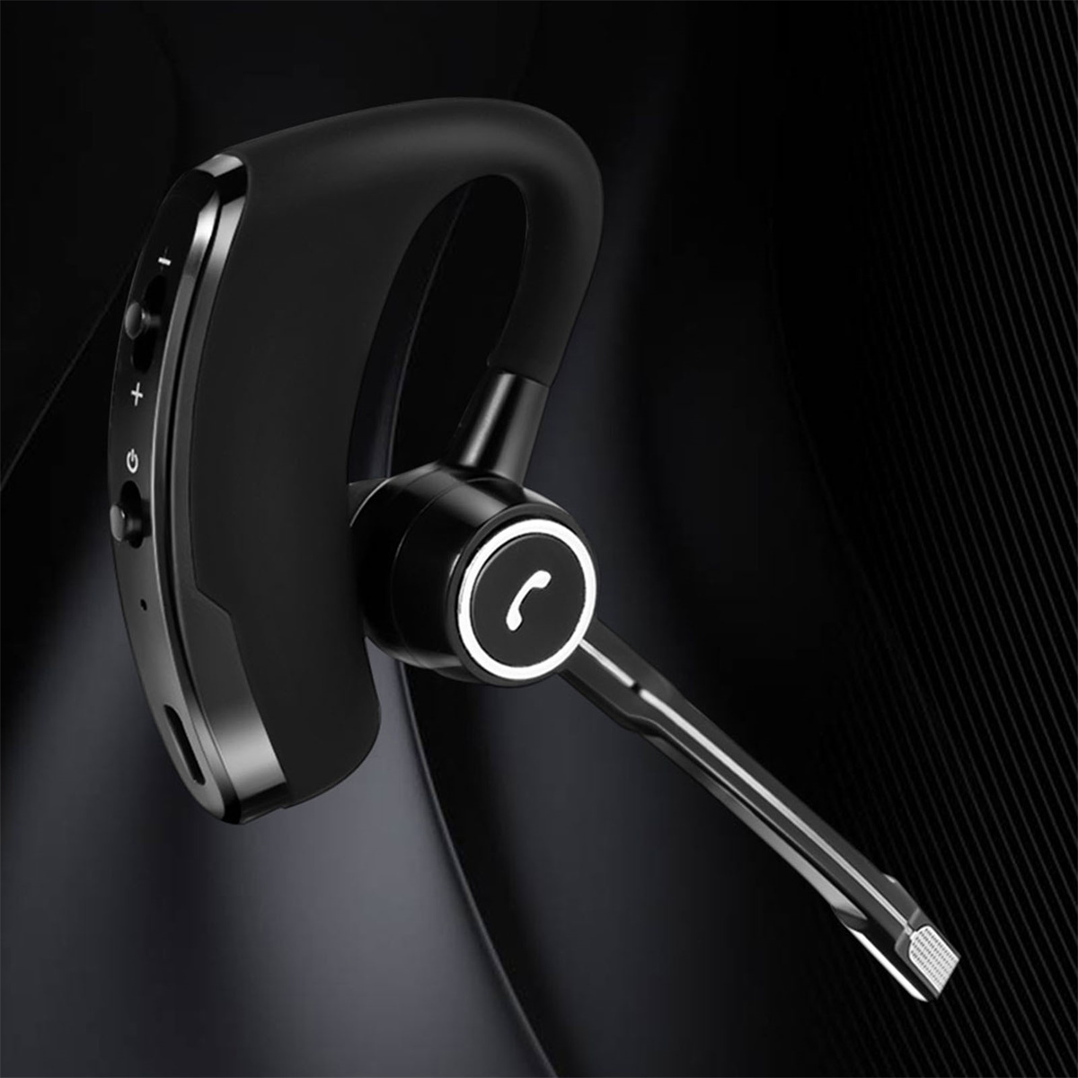Schwarzes Bluetooth-Headset. Es hat ein gebogenes Design und ein Mikrofon. Das Wort HYRICAN steht an der Seite.